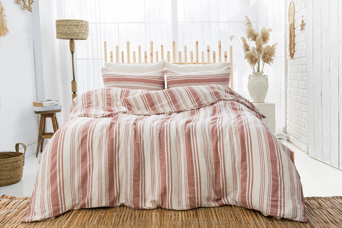 Organic Muslin Duvet Cover Set with Fitted Sheet and Pillowcases – Hypoallergenic Cotton Bedding: Queen 90 x 90 in (230 x 230 cm) / Taupe Stripe