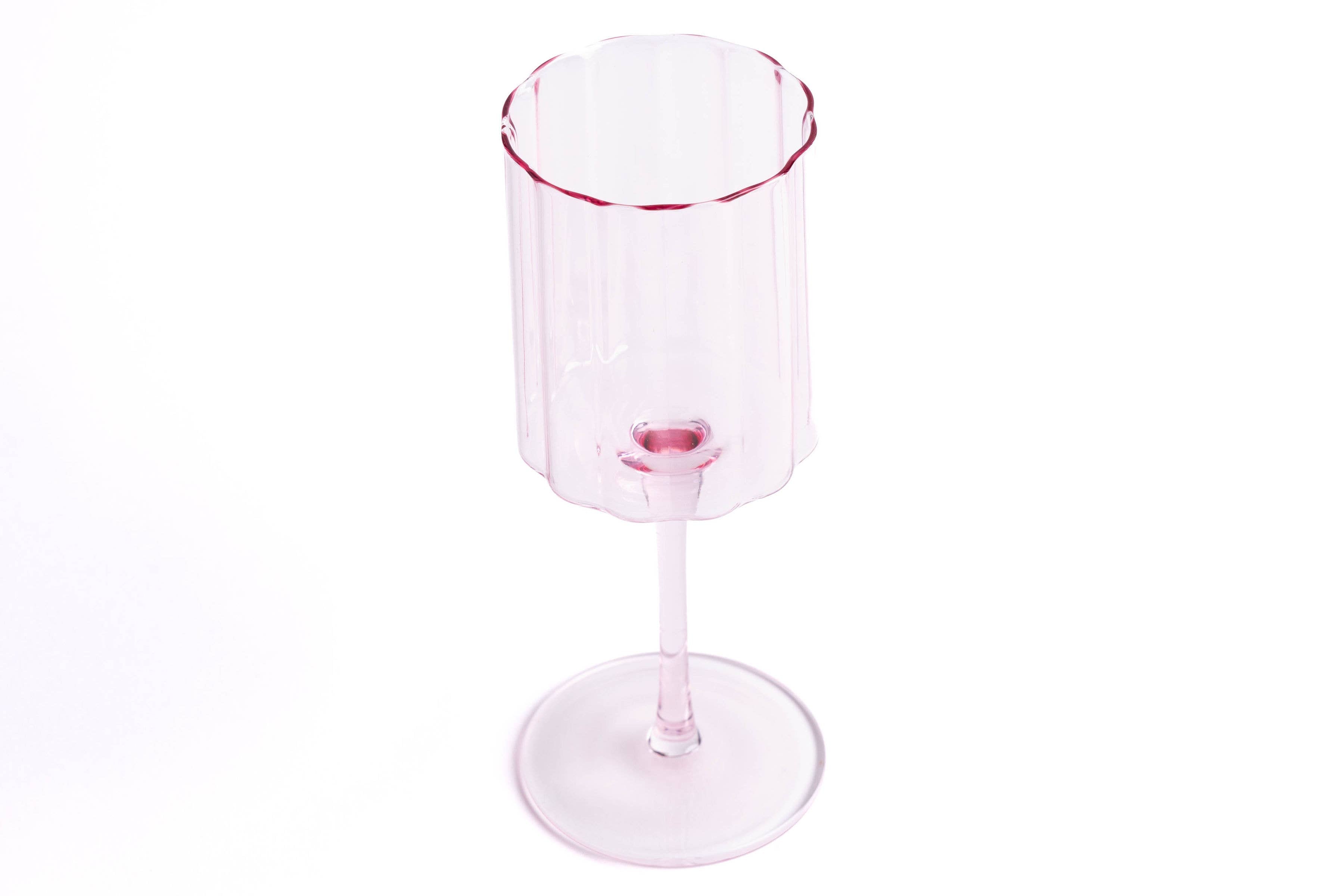 Scalloped Rim Fluted Wine Glass, Set of 4, Pink