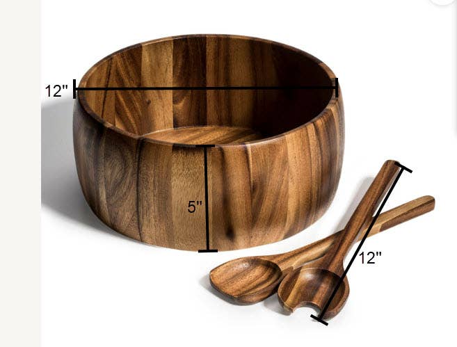 Extra Large Acacia Serving/Salad Bowl with Utensils – 12"