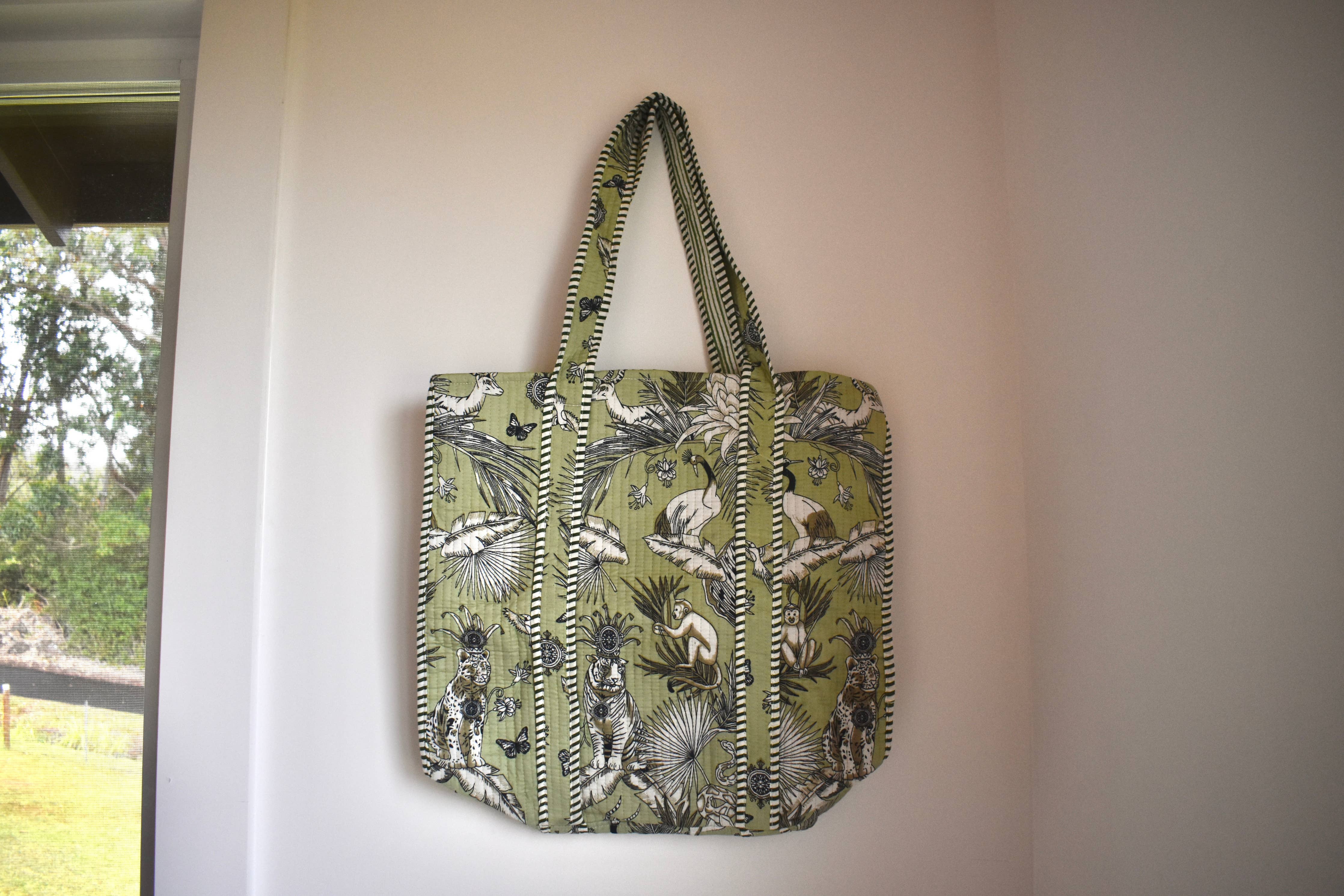 Block Print Tote Bag: Green Floral