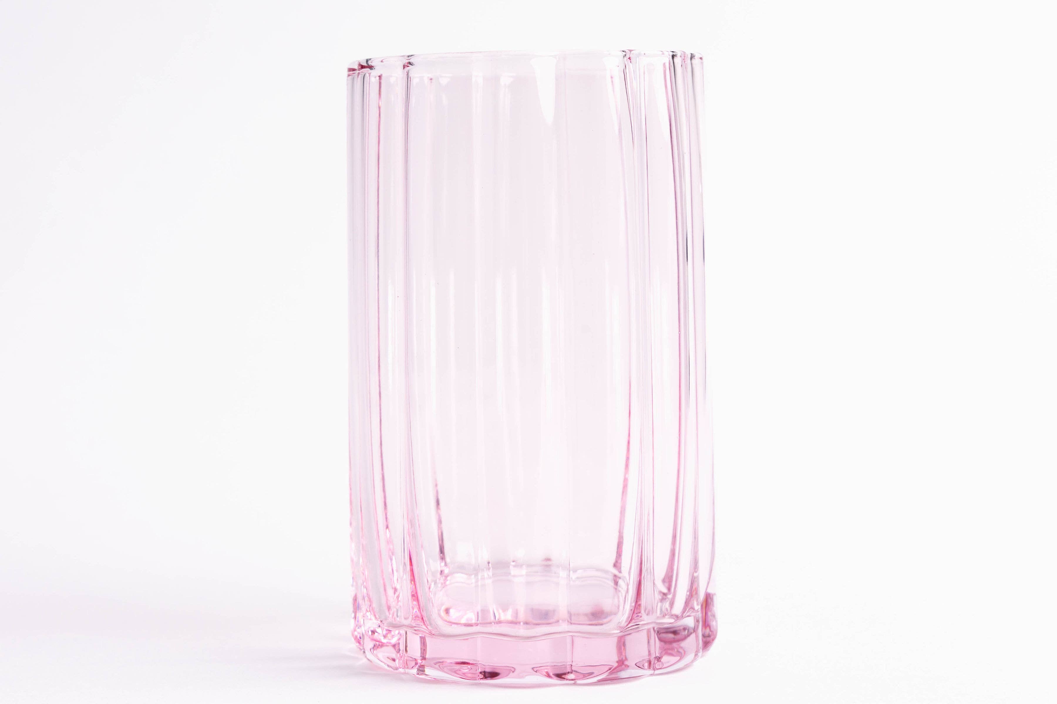 Scalloped Rim Fluted Tall Tumbler Glass, Set of 4, Pink