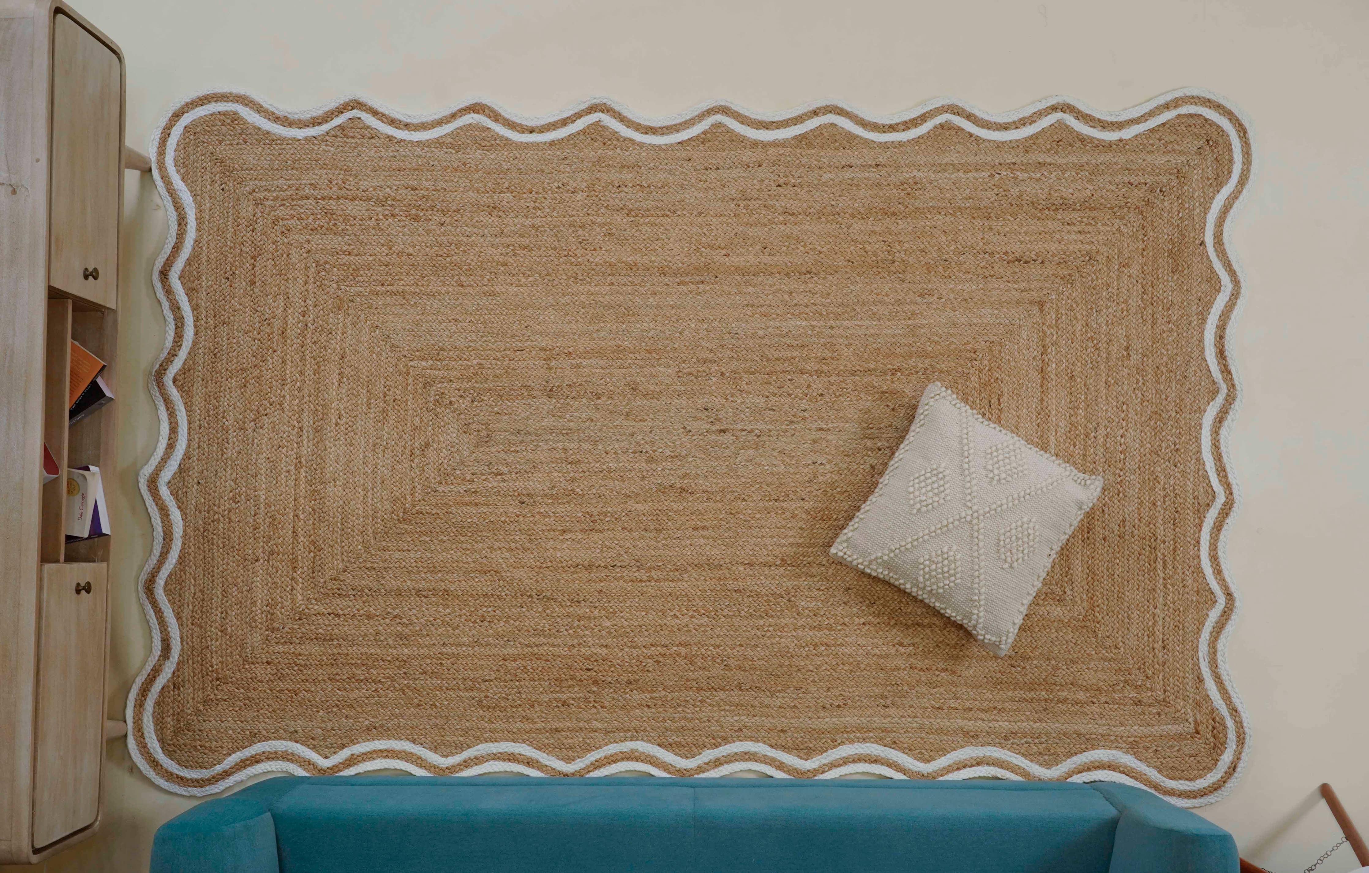White Double Border Wavy Scalloped Pattern Handmade Jute Rug: 3x5 Feet