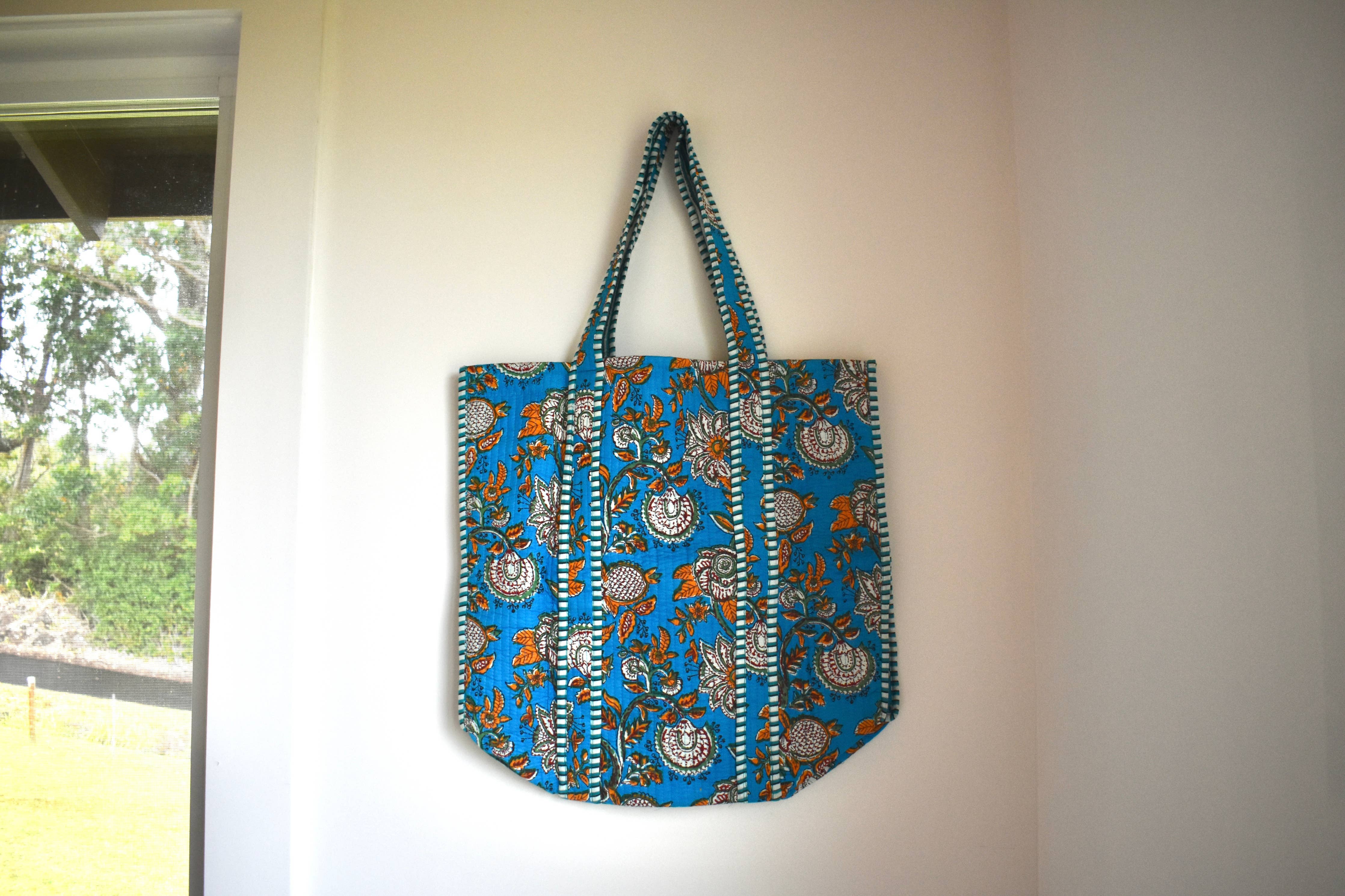 Block Print Tote Bag: Green Floral