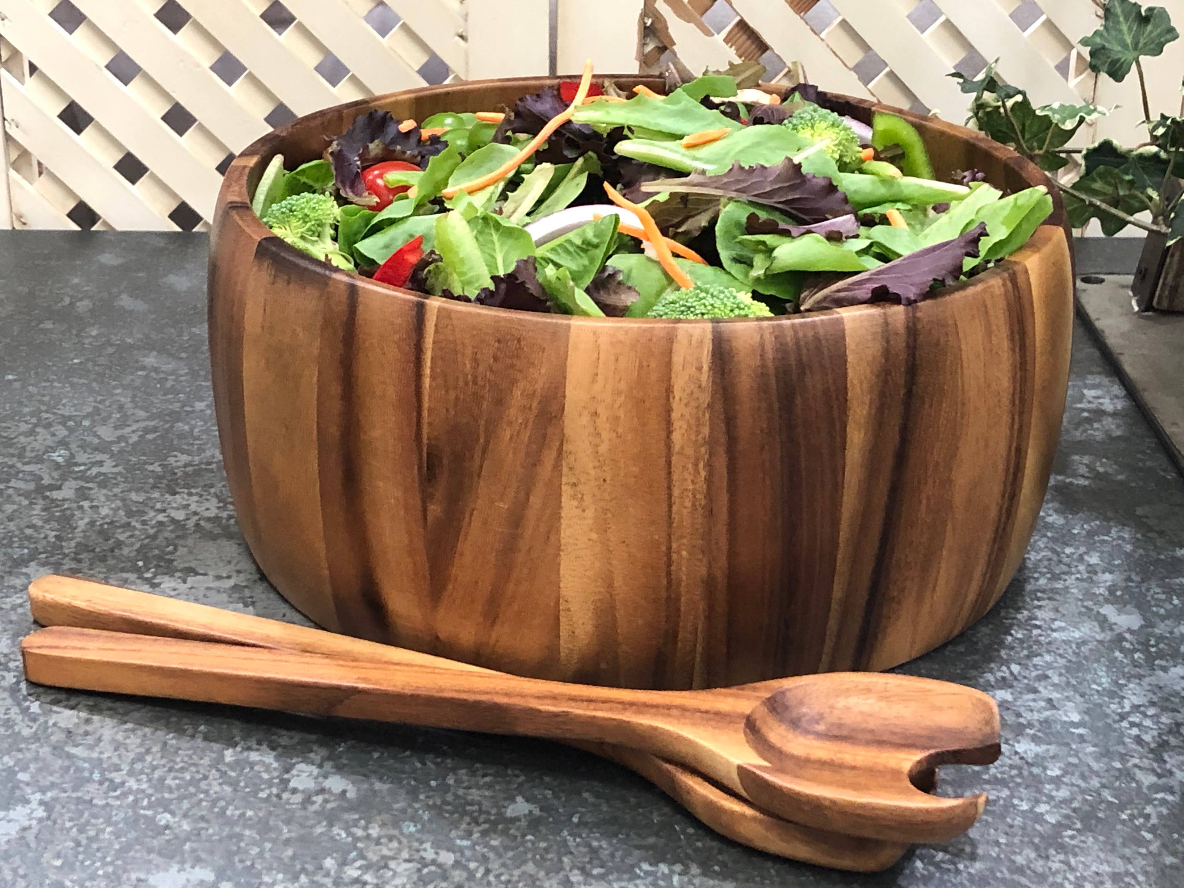 Extra Large Acacia Serving/Salad Bowl with Utensils – 12"