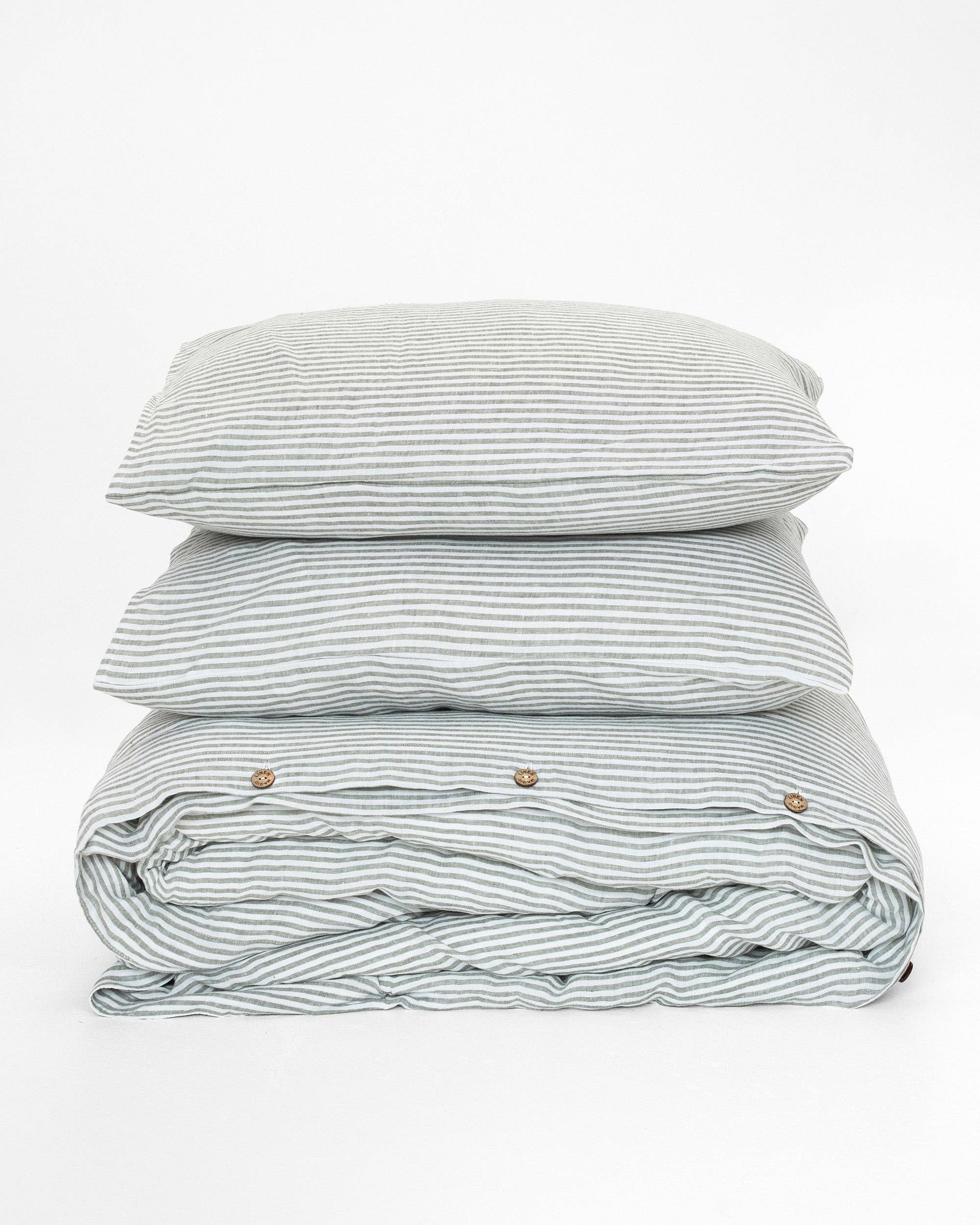 Striped in forest green linen duvet cover set: King + King Pillowcases