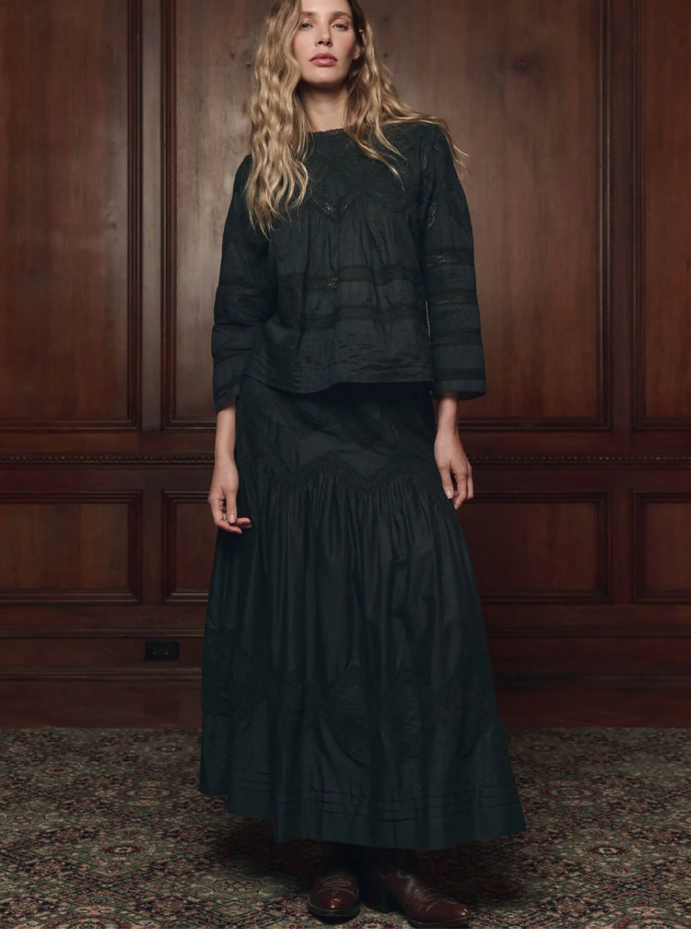 The Great. The Lattice Lace Victorian Skirt in Black, front view