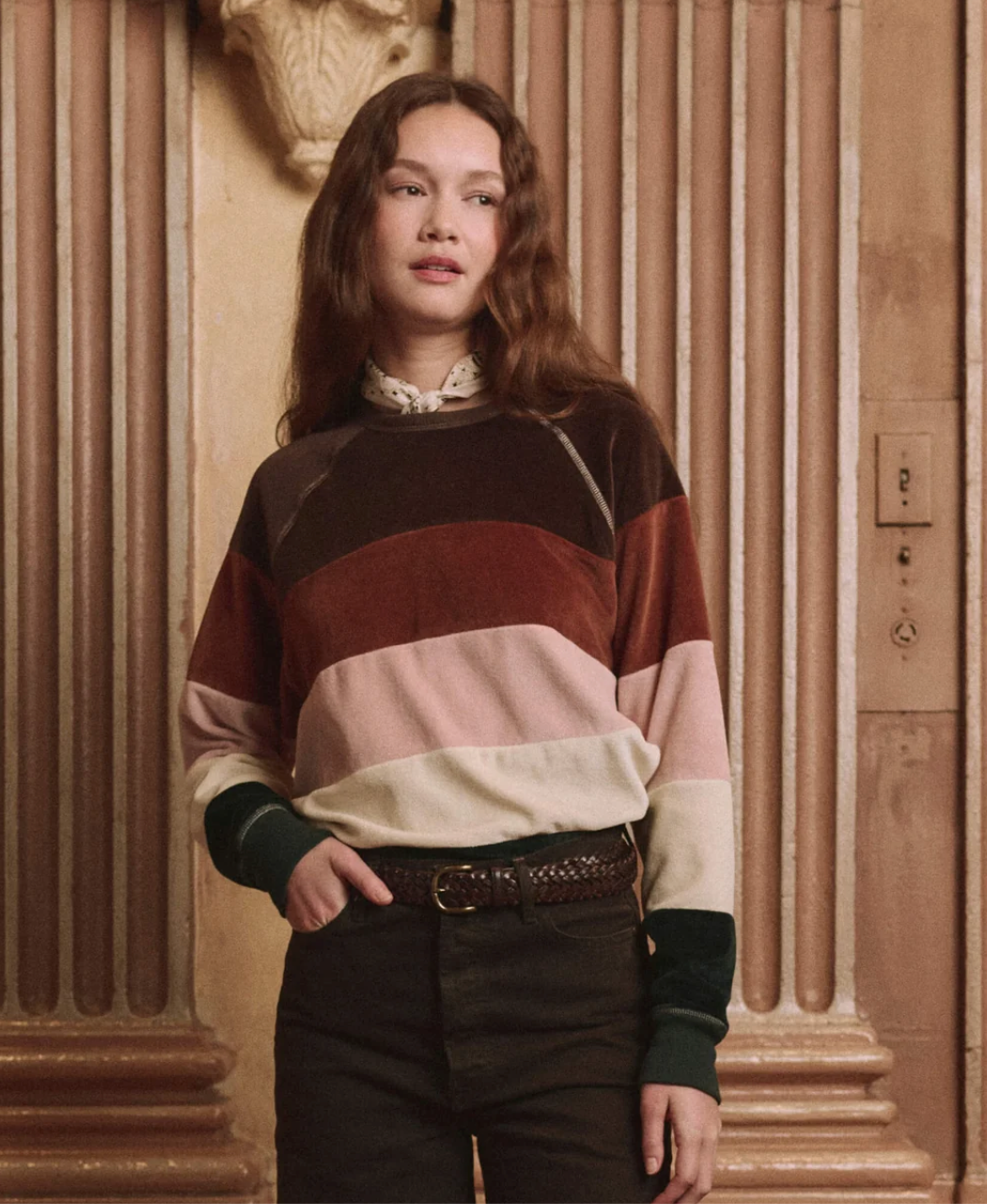 The Pieced Stripe Velour College Sweatshirt