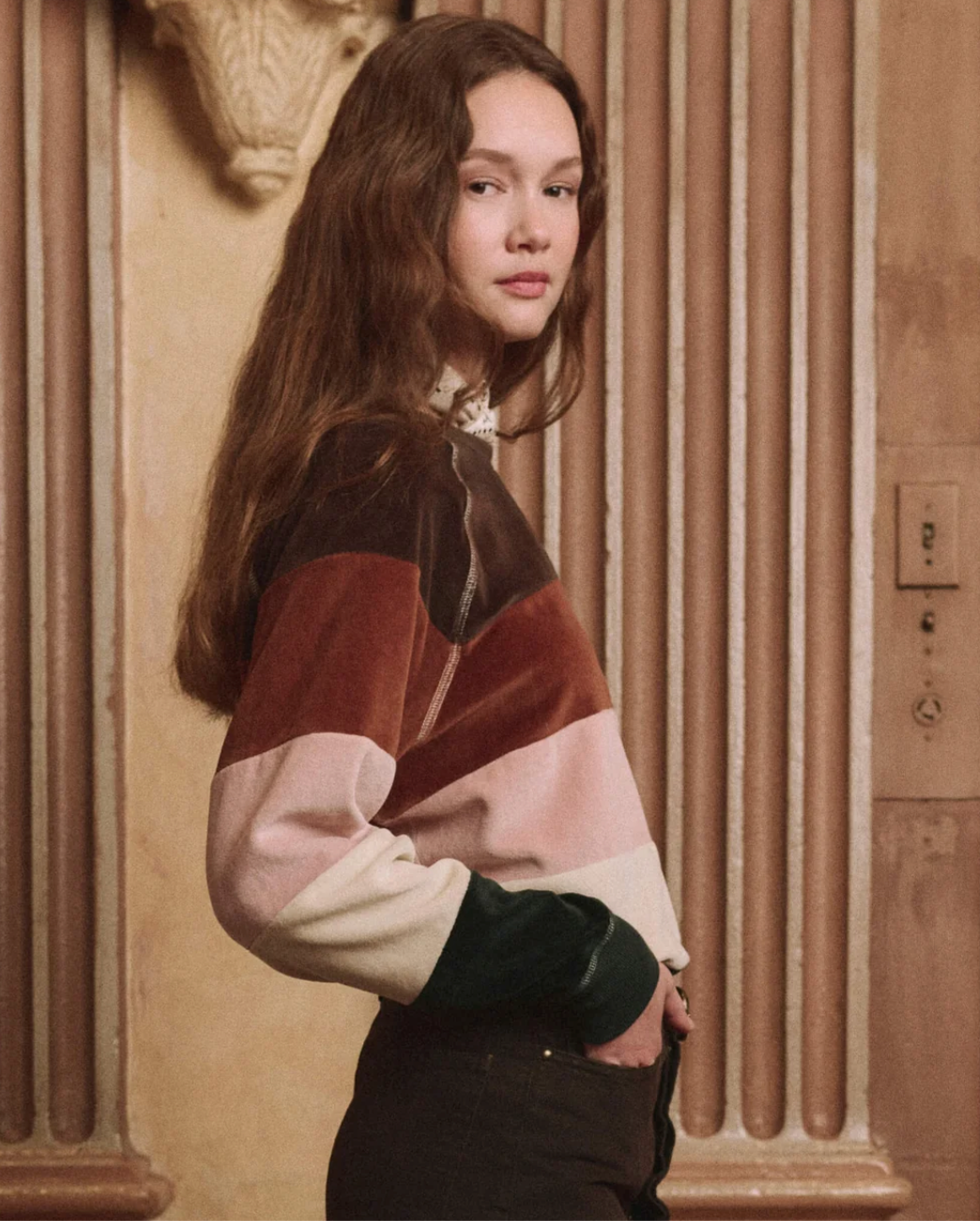The Pieced Stripe Velour College Sweatshirt