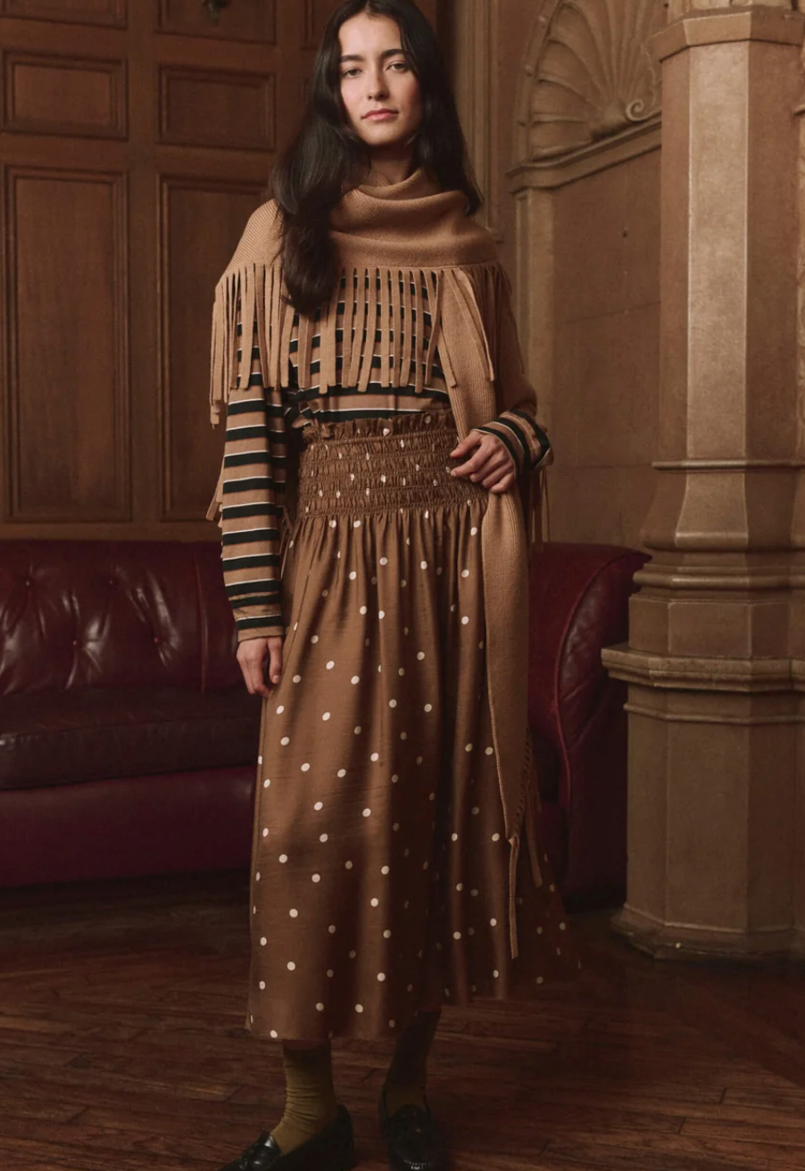 The Great. The Canary Skirt in Copper Bubble Dot, front view