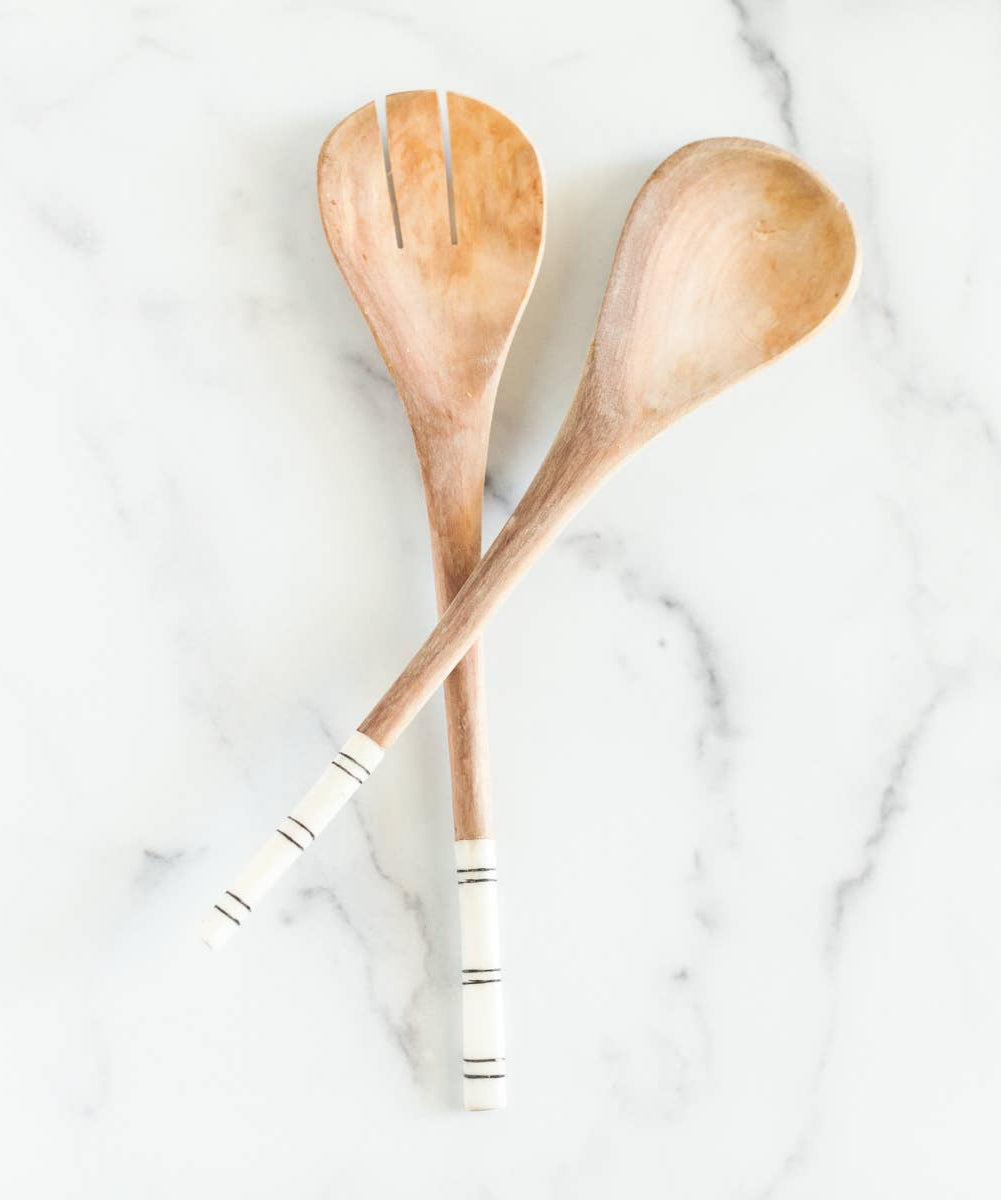 Striped Olive Wood Salad Servers