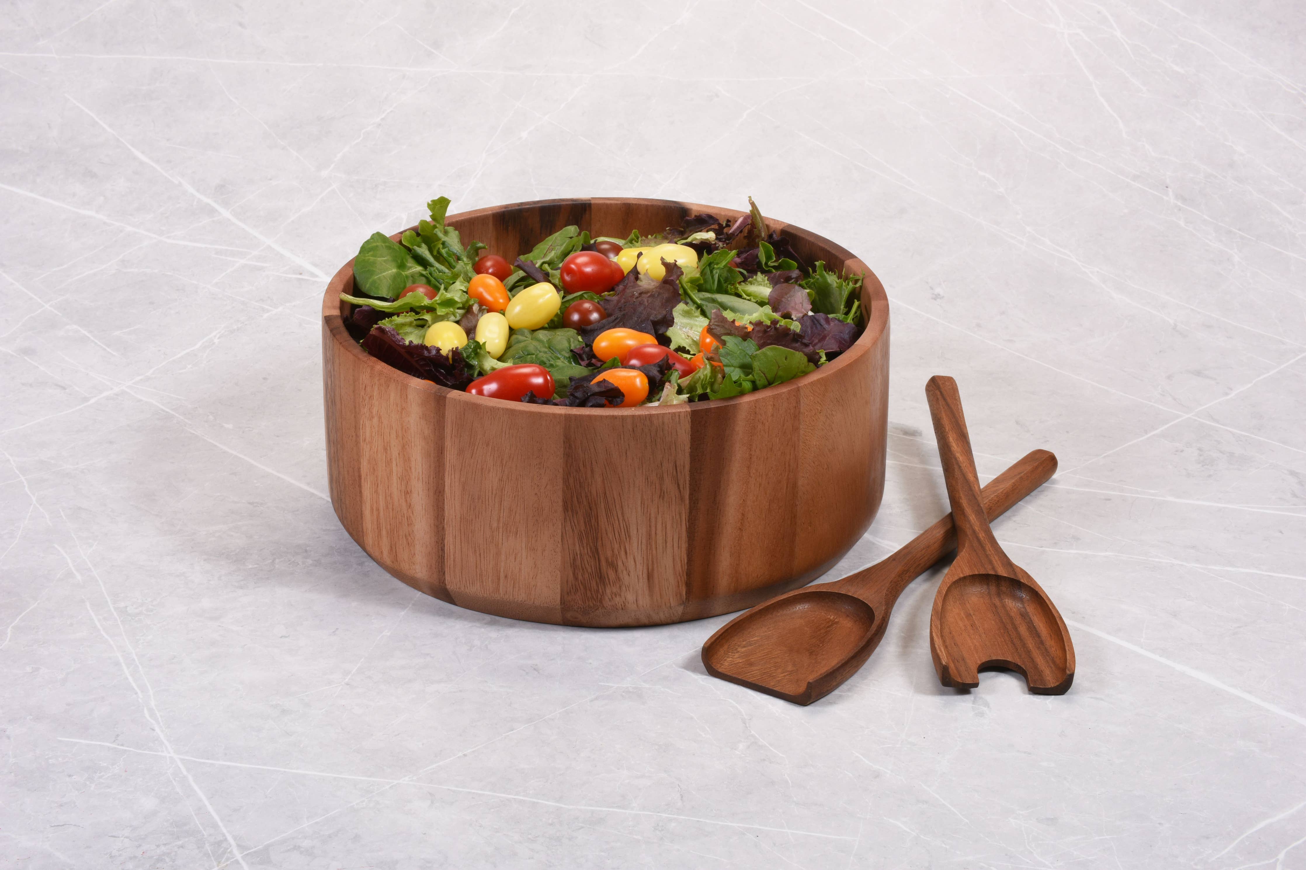 Large Acacia Wood Serving/Salad Bowl with Utensils – 10"