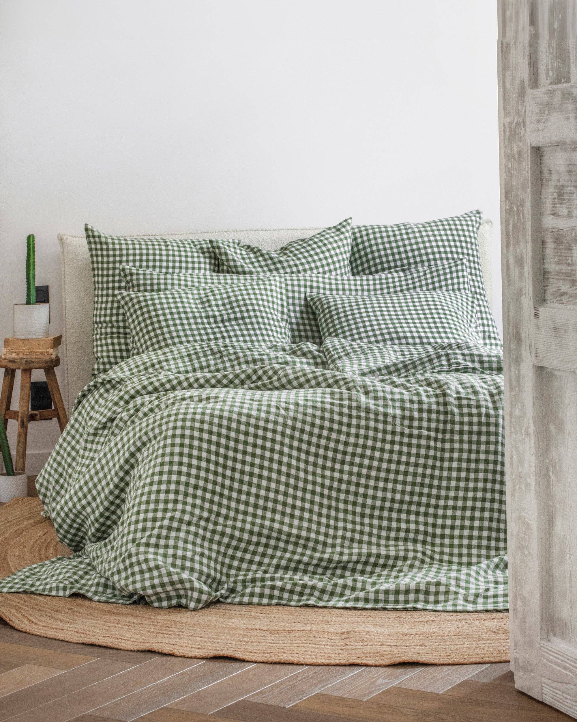 Forest green gingham linen duvet cover set King