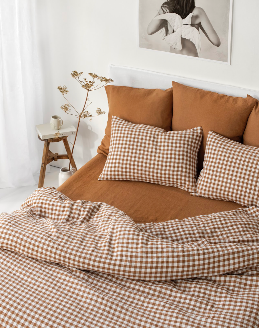 Cinnamon gingham linen duvet cover set