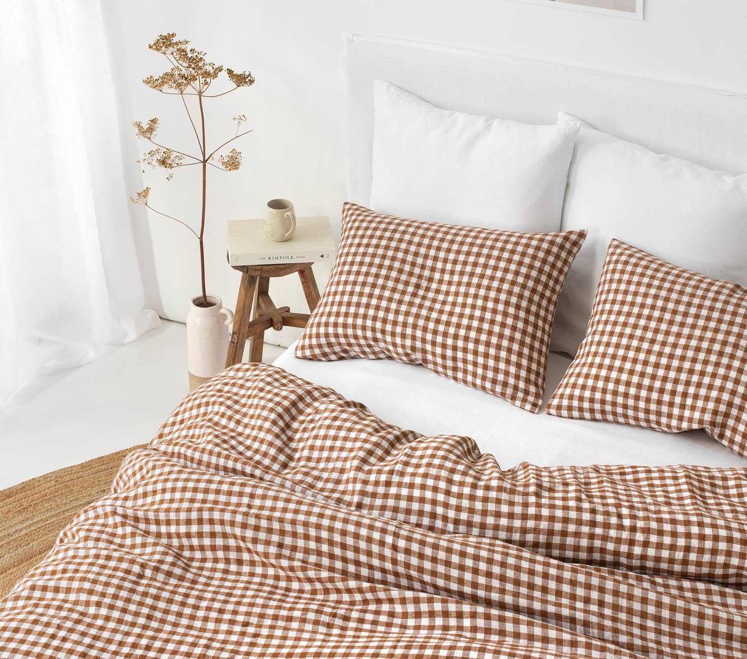 Cinnamon gingham linen duvet cover set