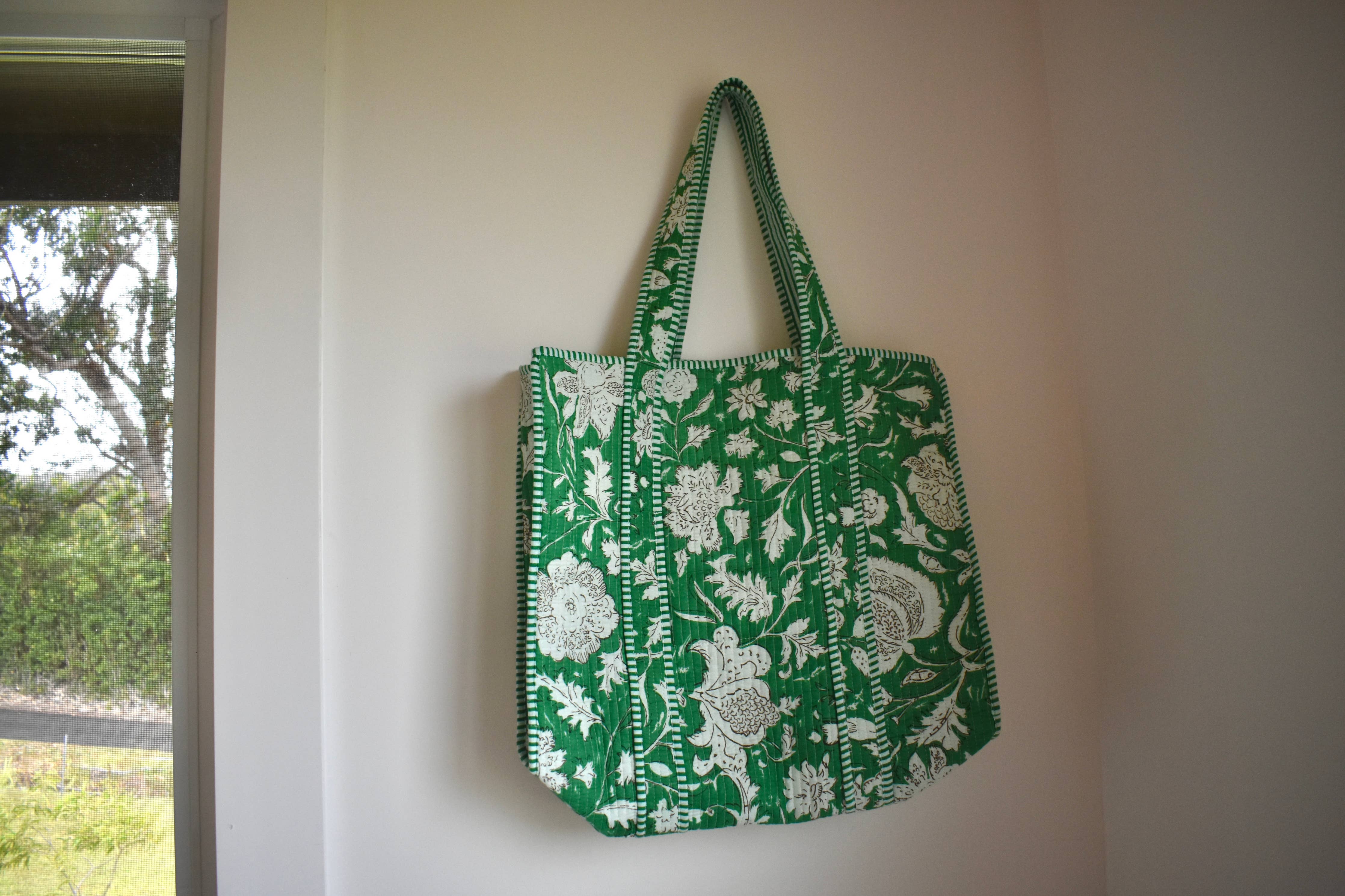 Block Print Tote Bag: Green Floral