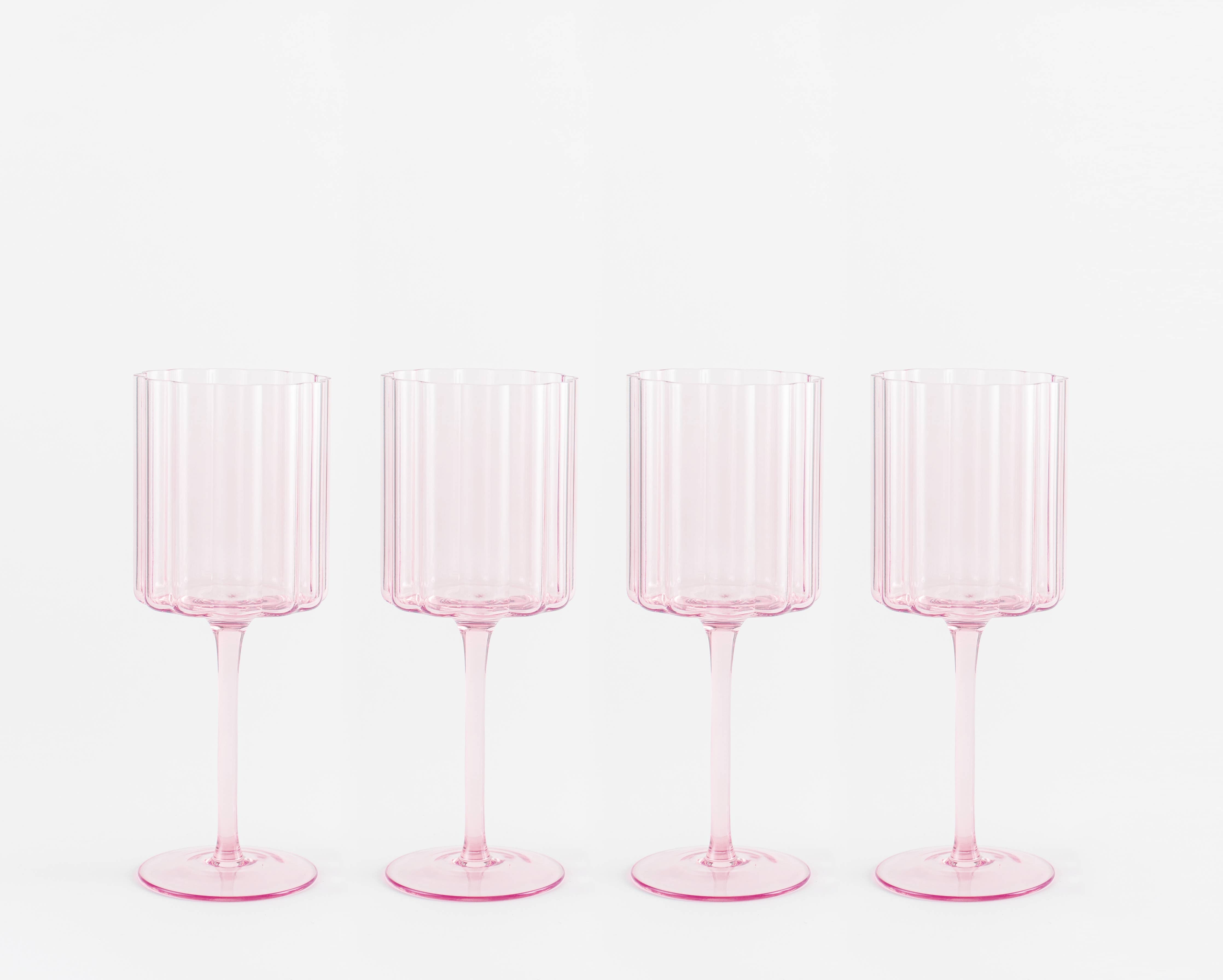 Scalloped Rim Fluted Wine Glass, Set of 4, Pink