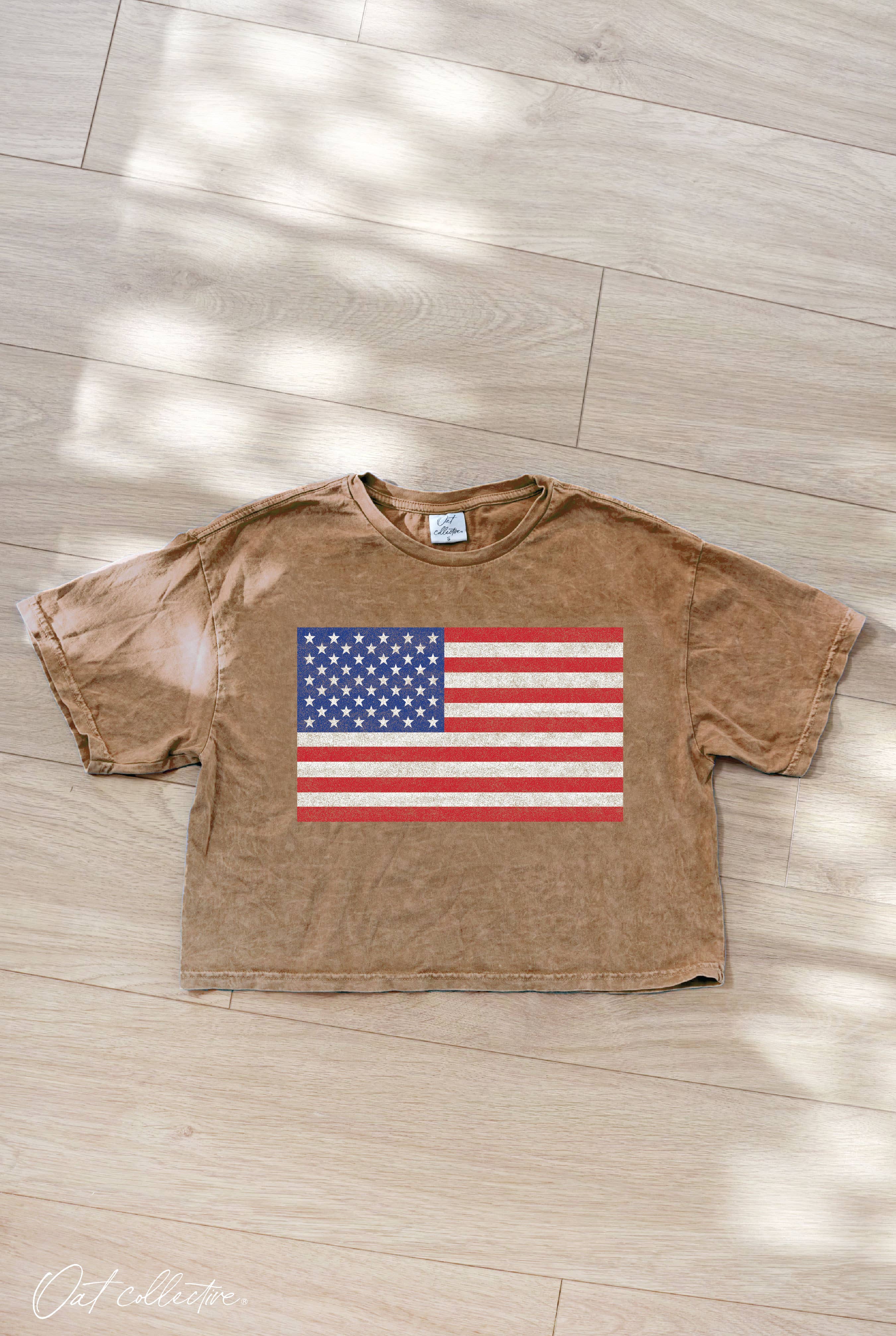 USA FLAG Cropped Mineral Graphic Top: SOFT PINK / S