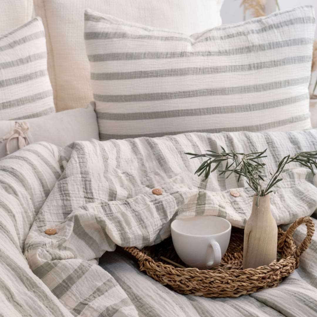 Organic Muslin Duvet Cover Set with Fitted Sheet and Pillowcases – Hypoallergenic Cotton Bedding: Queen 90 x 90 in (230 x 230 cm) / Taupe Stripe