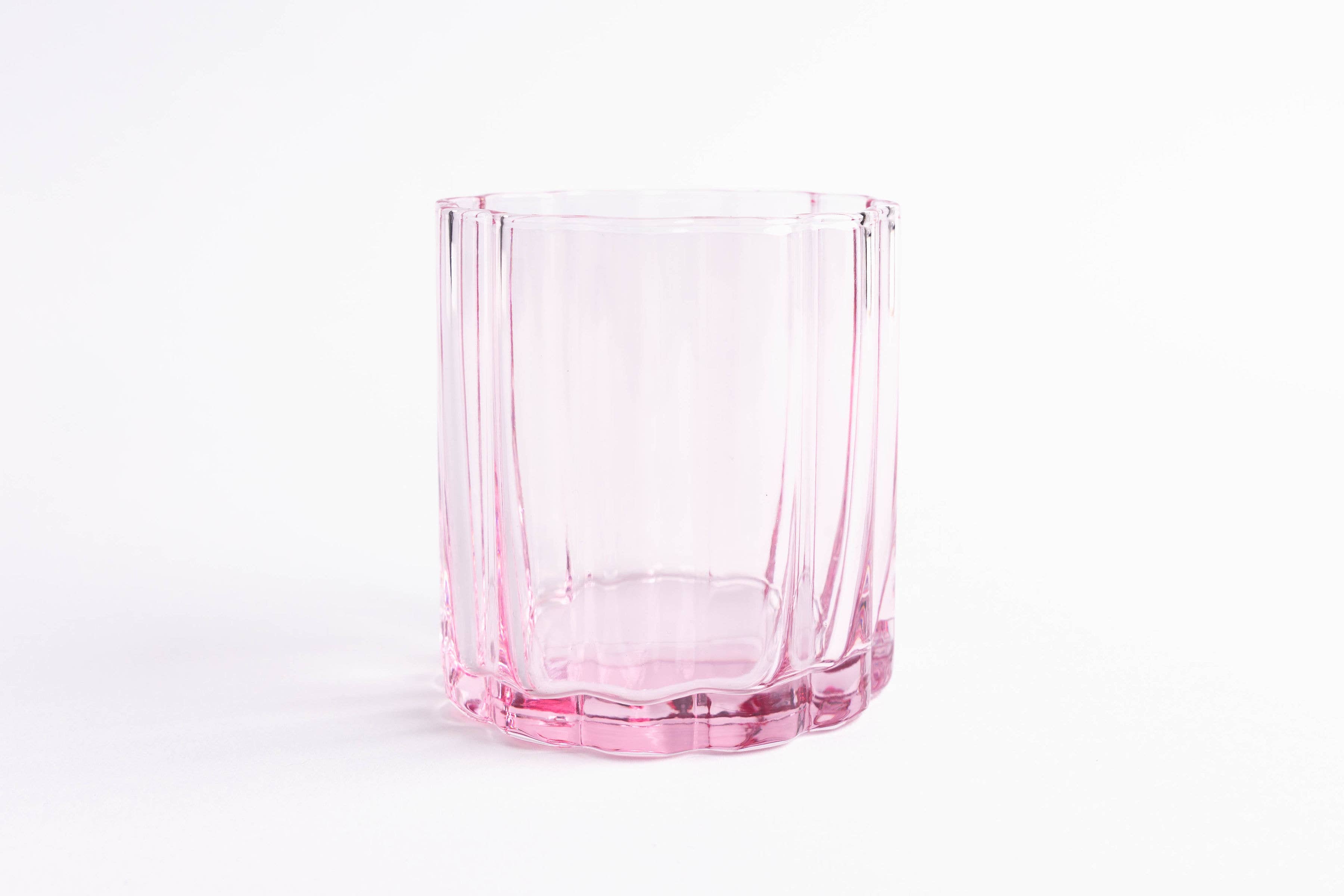 Scalloped Rim Fluted Short Tumbler Glass, Set of 4, Pink