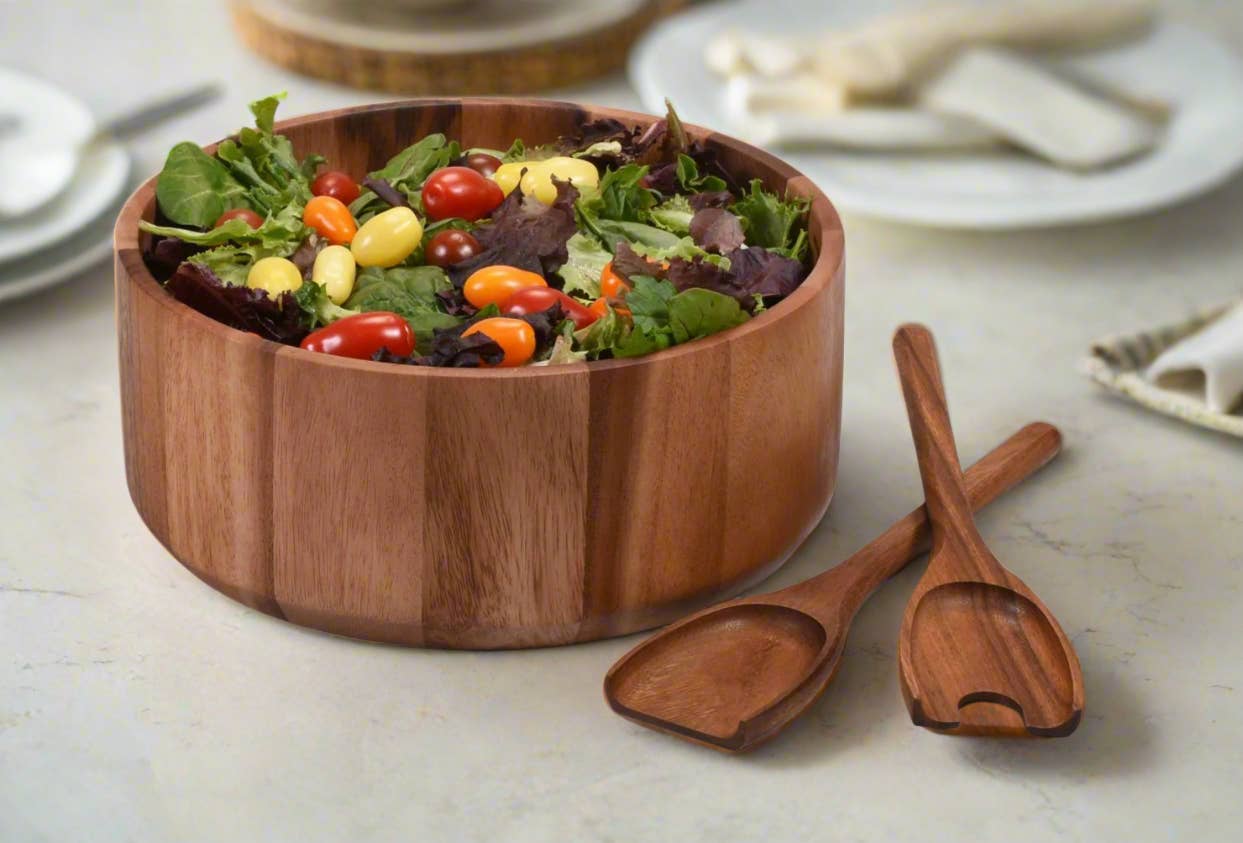 Extra Large Acacia Wood Salad Bowl with Utensils – 12" x 5"