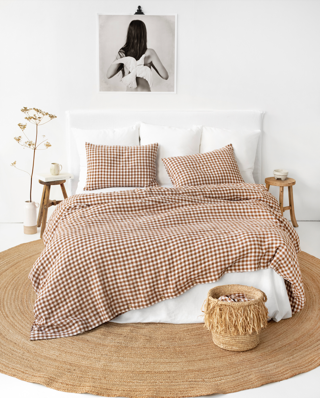 Cinnamon gingham linen duvet cover set