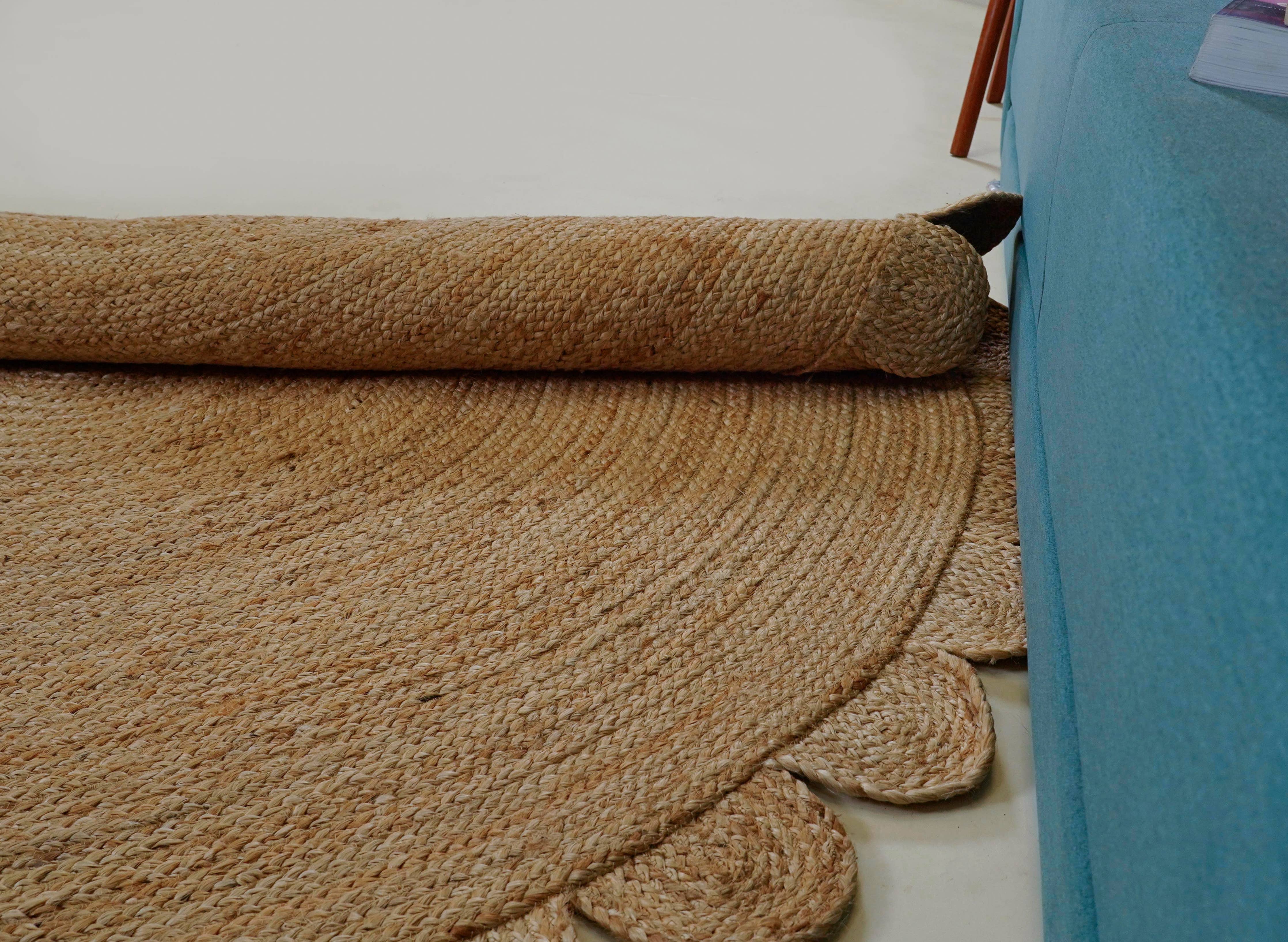 Natural Round Scalloped Jute Rug Circular Area Jute Rug: 4x4 Feet