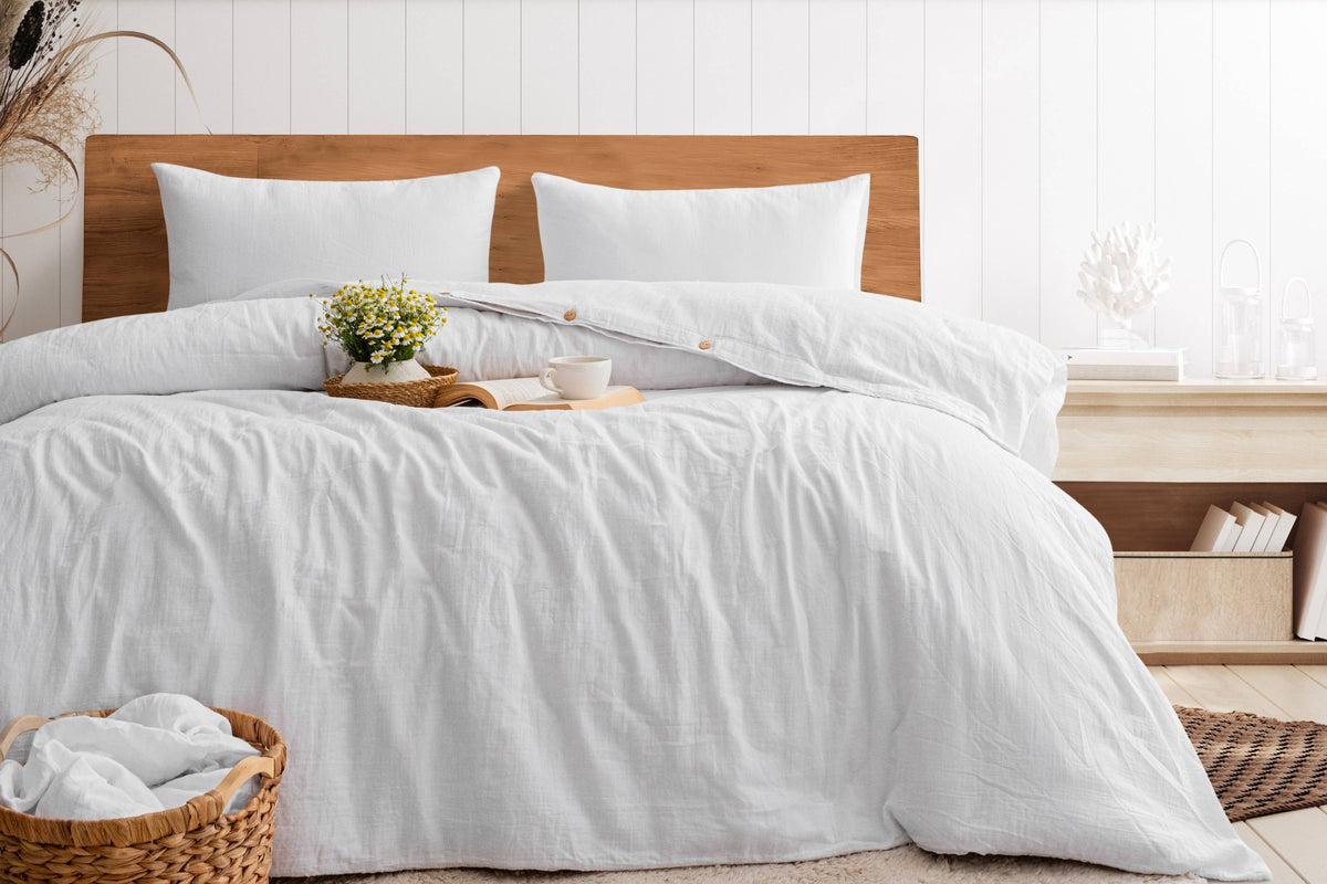 Organic Muslin Duvet Cover Set with Fitted Sheet and Pillowcases – Hypoallergenic Cotton Bedding: Queen 90 x 90 in (230 x 230 cm) / Taupe Stripe