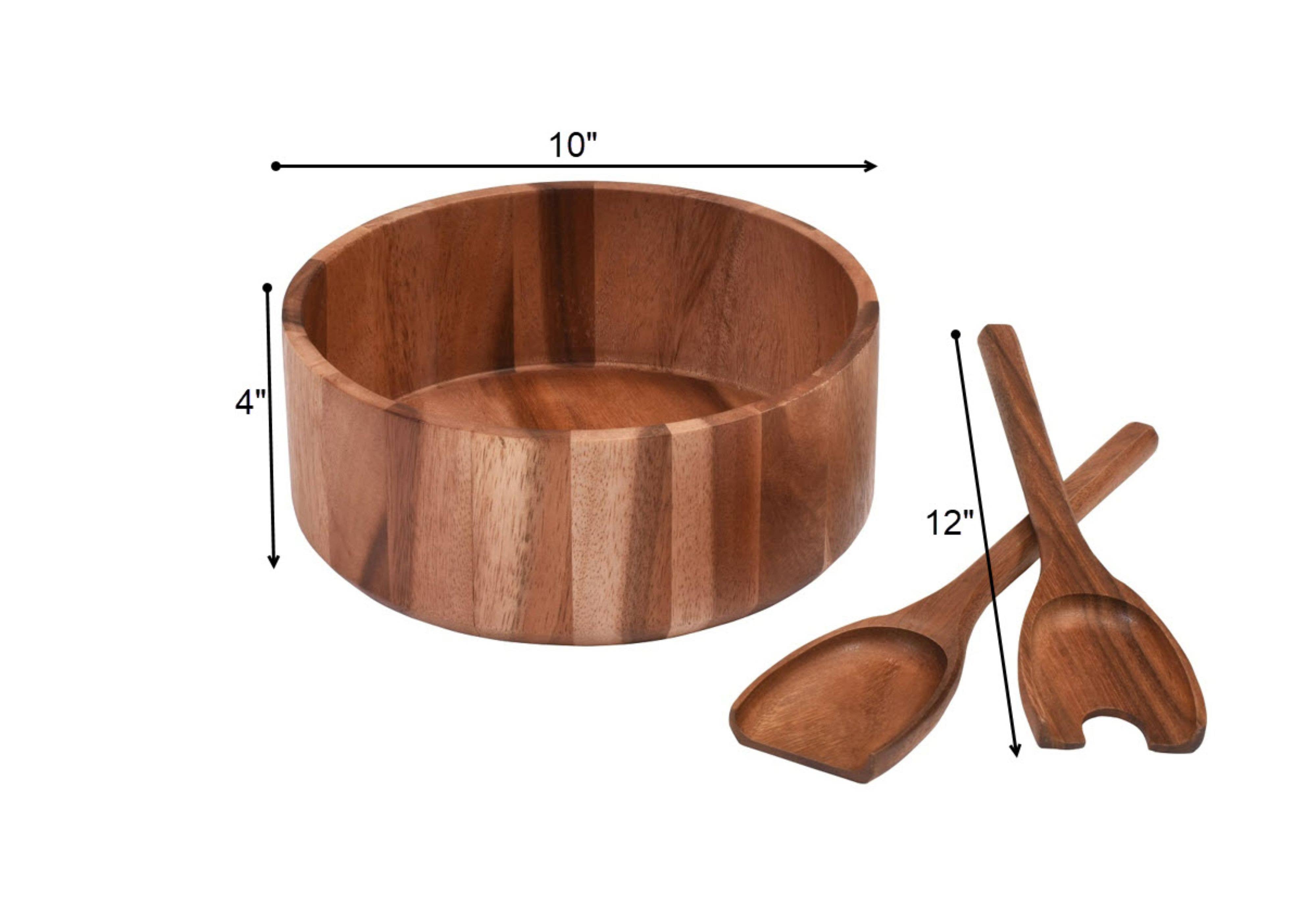 Large Acacia Wood Serving/Salad Bowl with Utensils – 10"