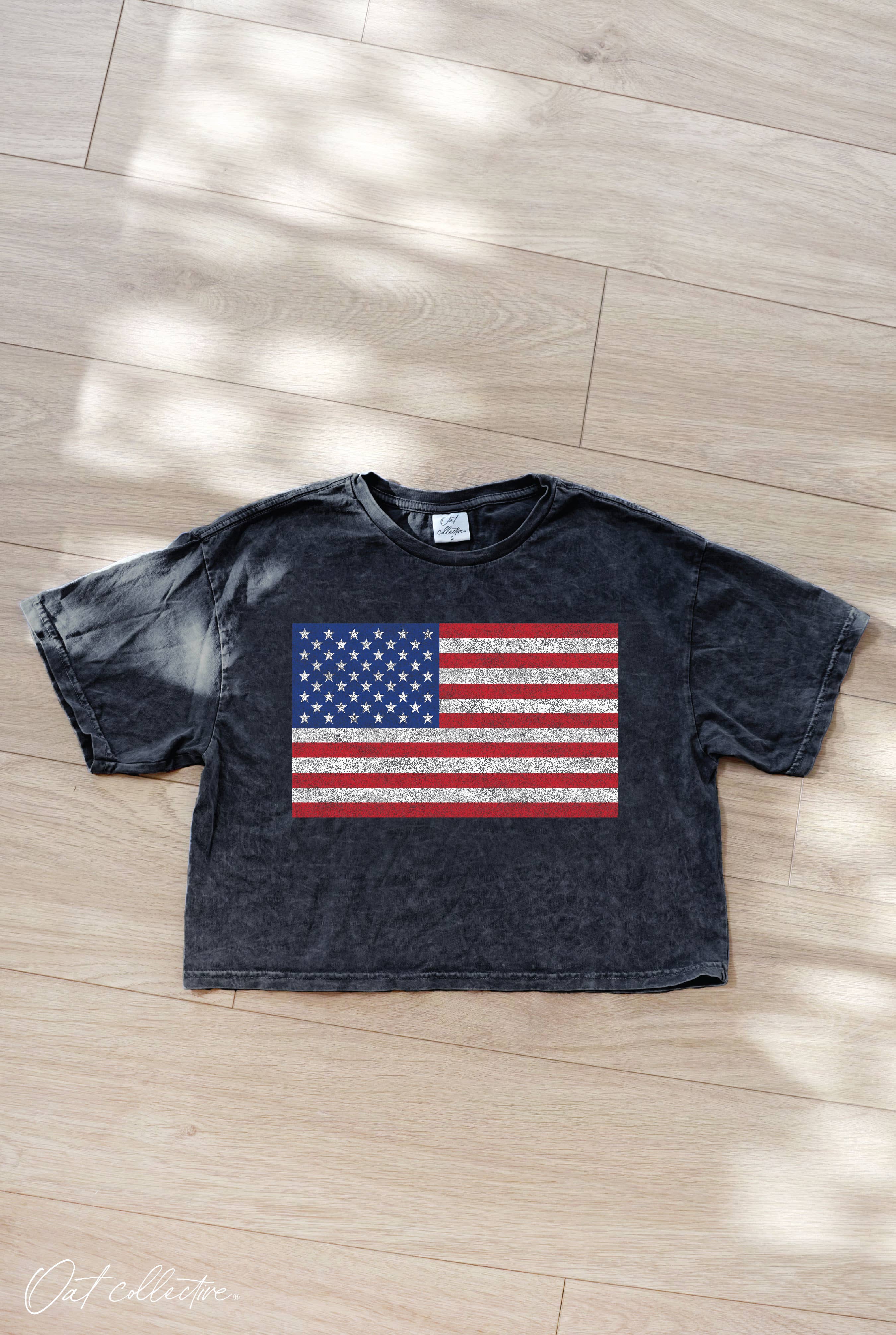 USA FLAG Cropped Mineral Graphic Top: SOFT PINK / M