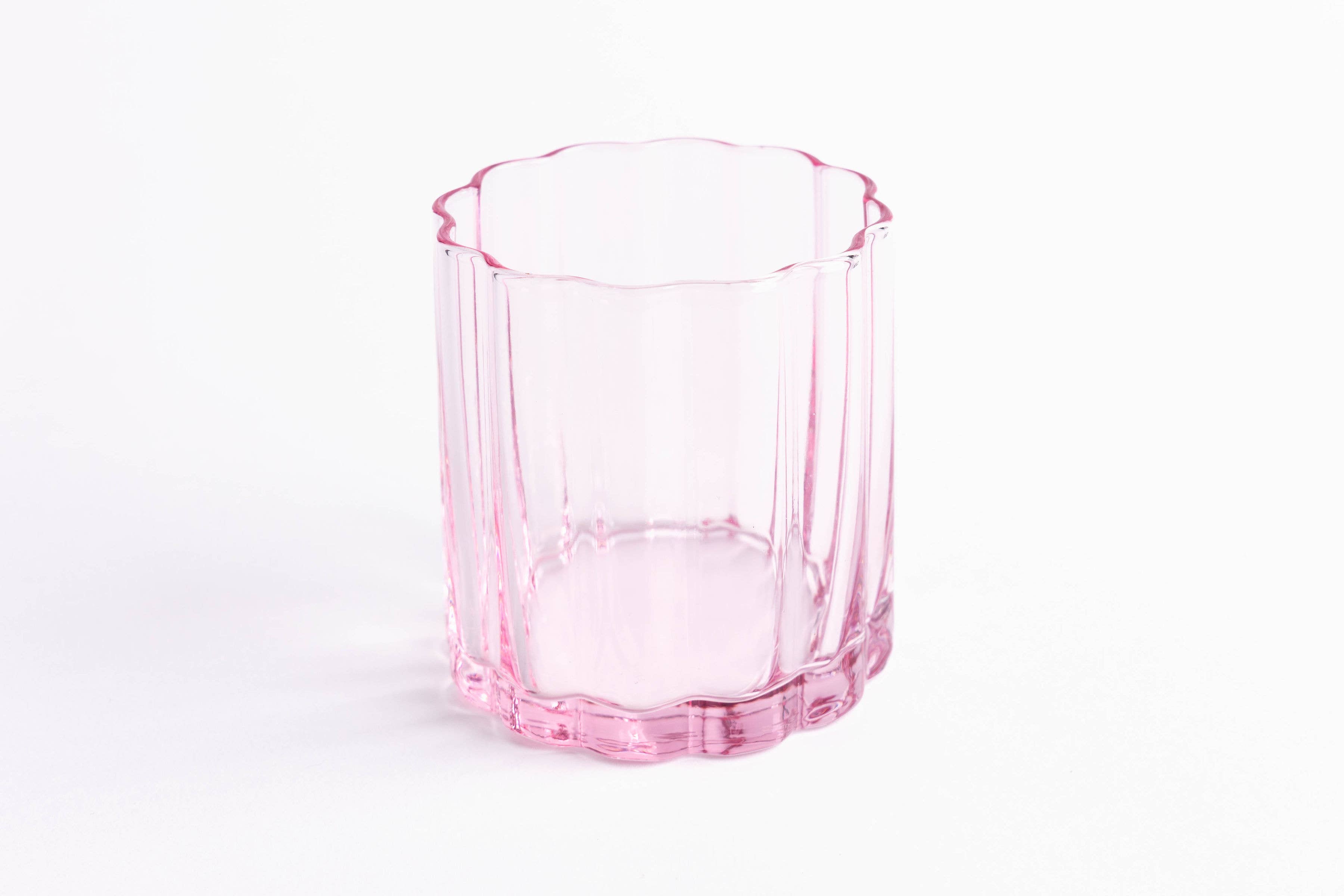 Scalloped Rim Fluted Short Tumbler Glass, Set of 4, Pink