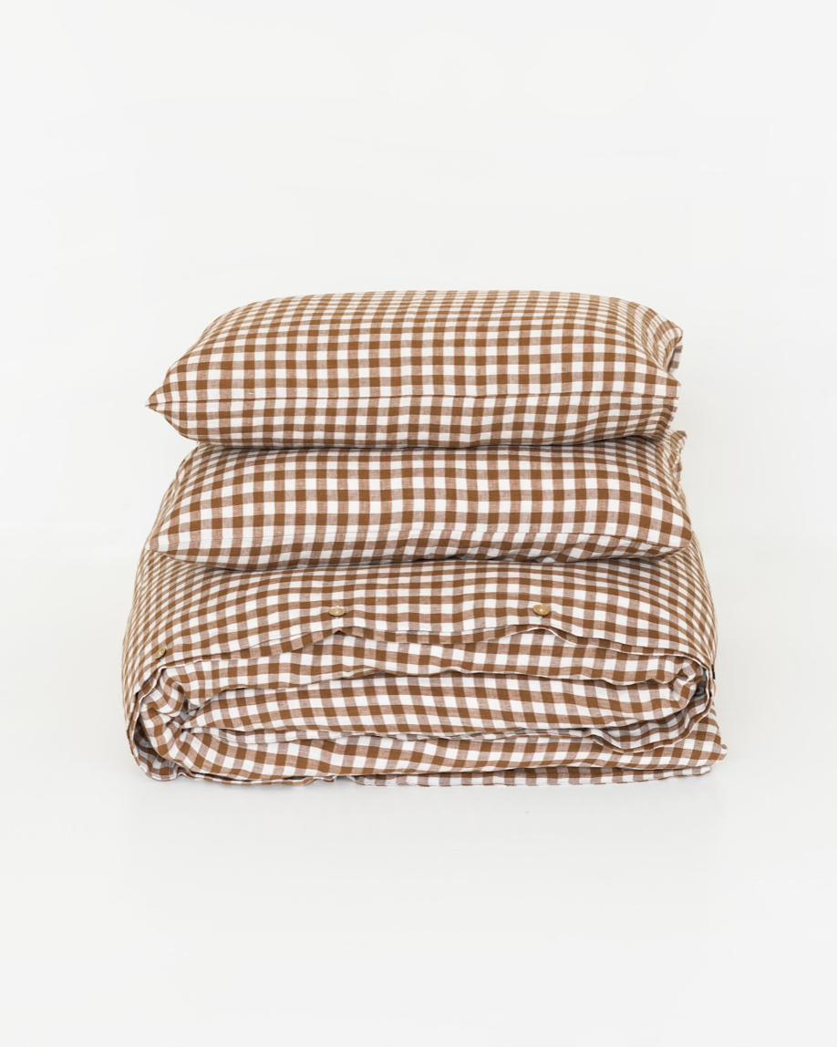 Cinnamon gingham linen duvet cover set