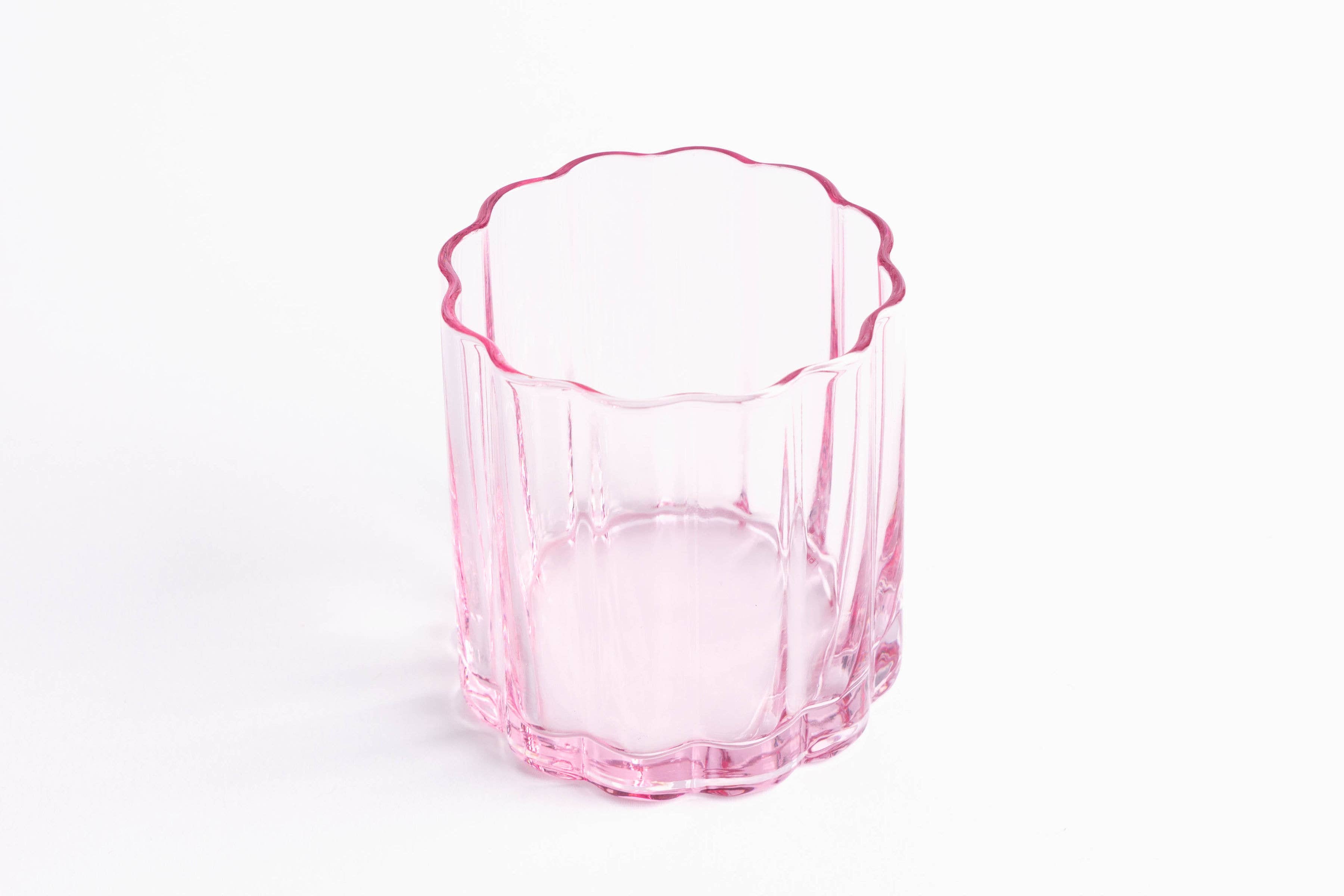 Scalloped Rim Fluted Short Tumbler Glass, Set of 4, Pink
