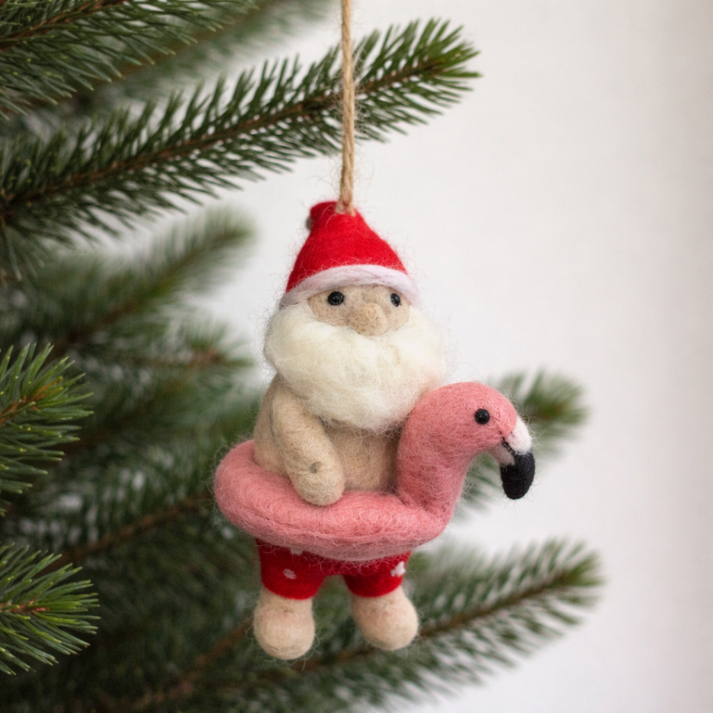 Santa with Flamingo Float Ornament