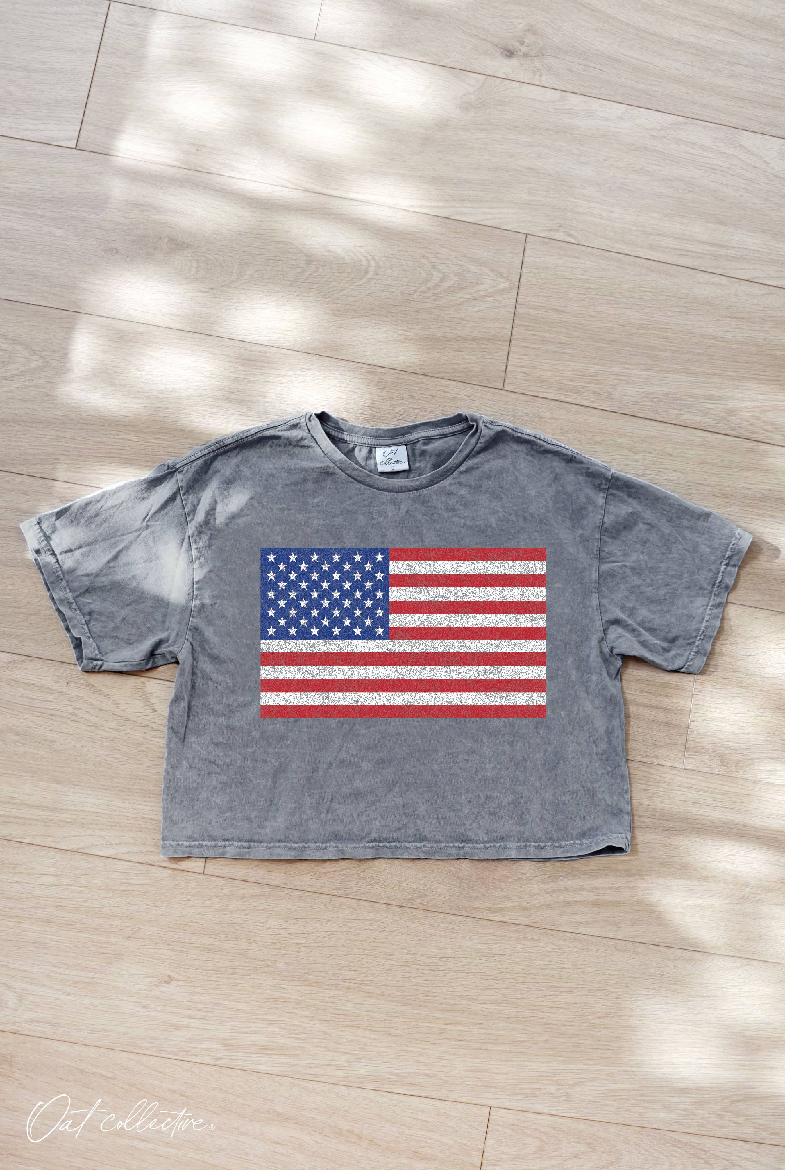 USA FLAG Cropped Mineral Graphic Top: SOFT PINK / M