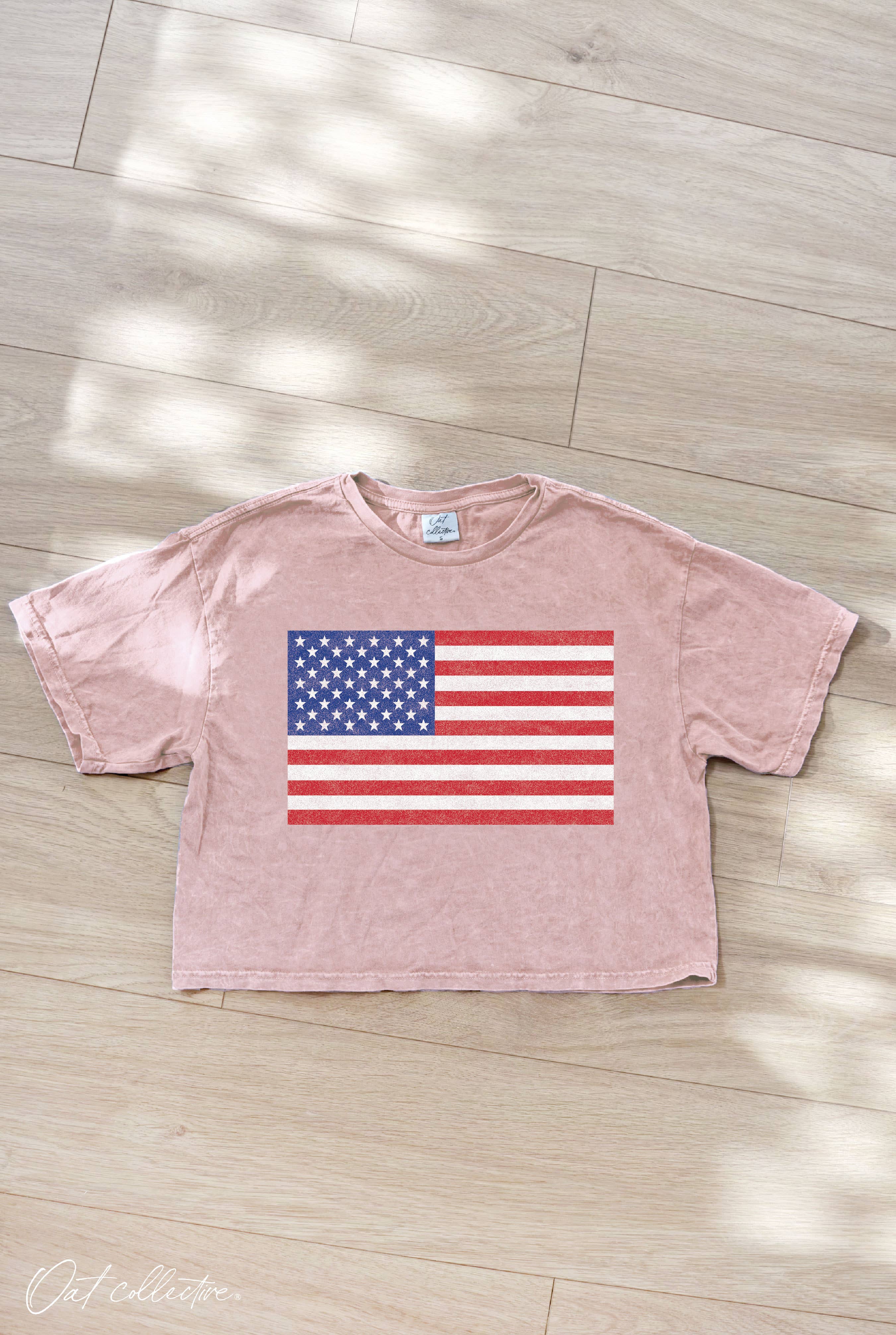 USA FLAG Cropped Mineral Graphic Top: SOFT PINK / M