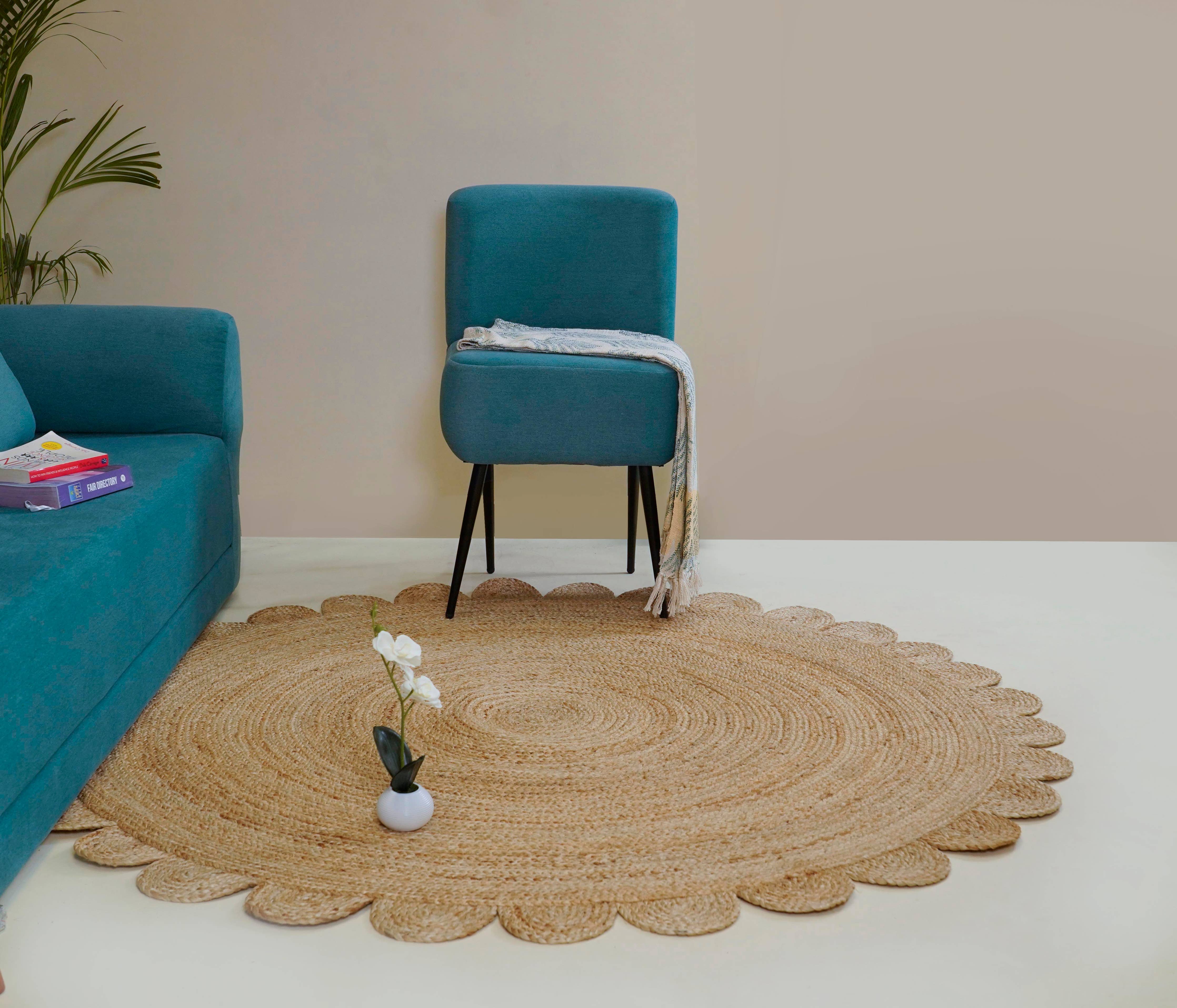 Natural Round Scalloped Jute Rug Circular Area Jute Rug: 4x4 Feet