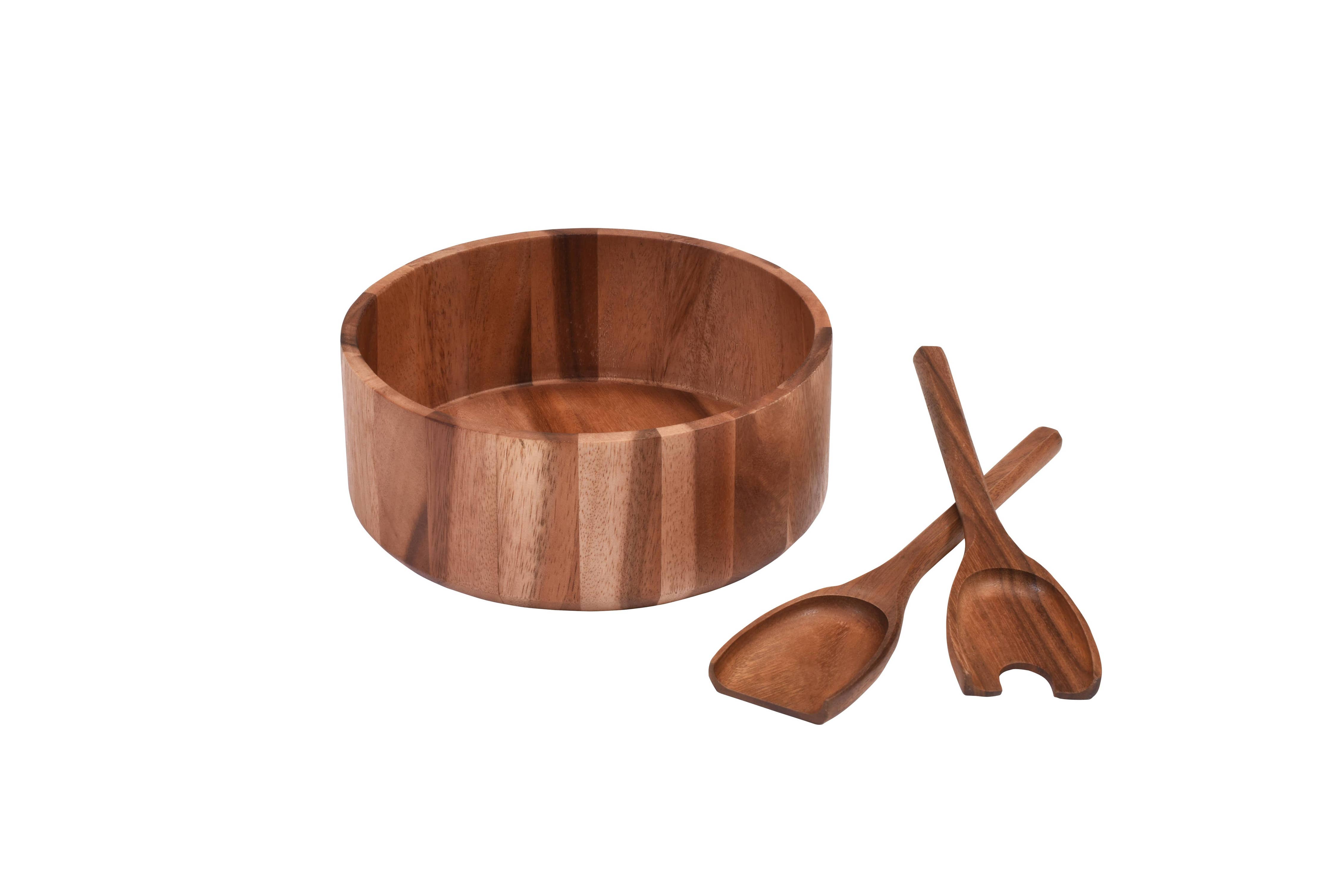 Large Acacia Wood Serving/Salad Bowl with Utensils – 10"