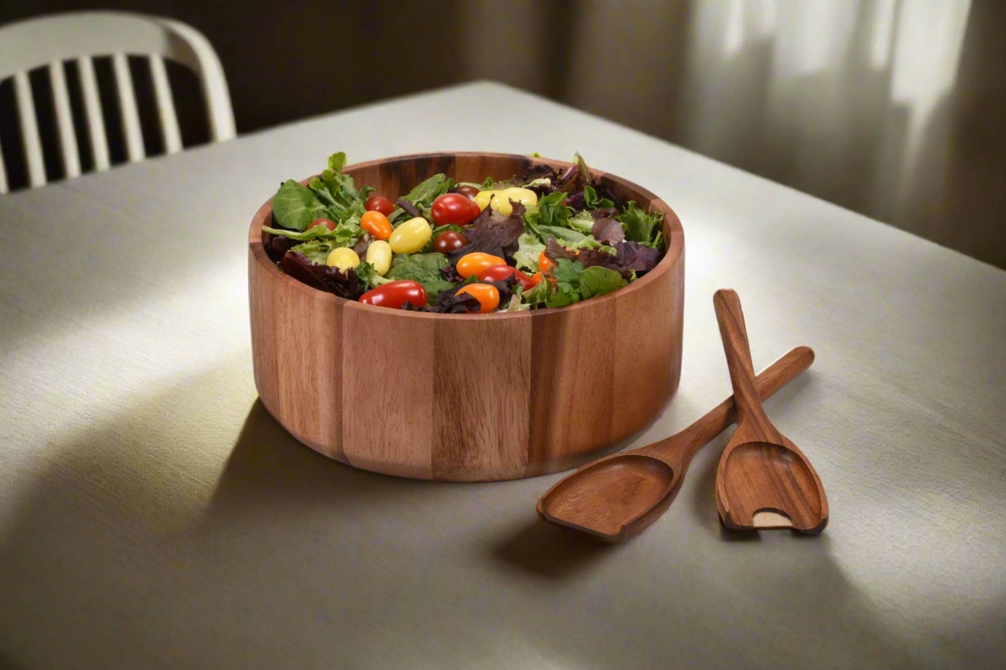 Large Acacia Wood Serving/Salad Bowl with Utensils – 10"