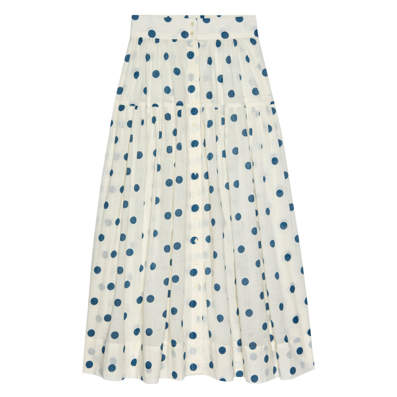 CREAM W/ BLUE POLKA DOTS