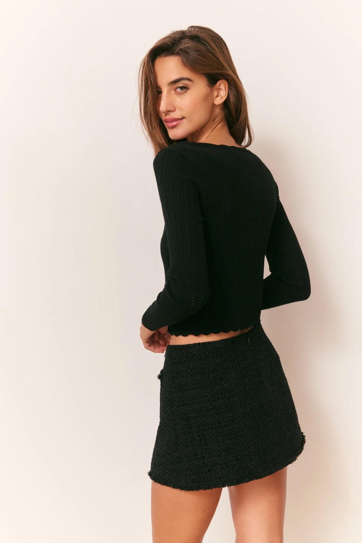 LoveShackFancy Martti Pointelle Cardigan in Black, back view