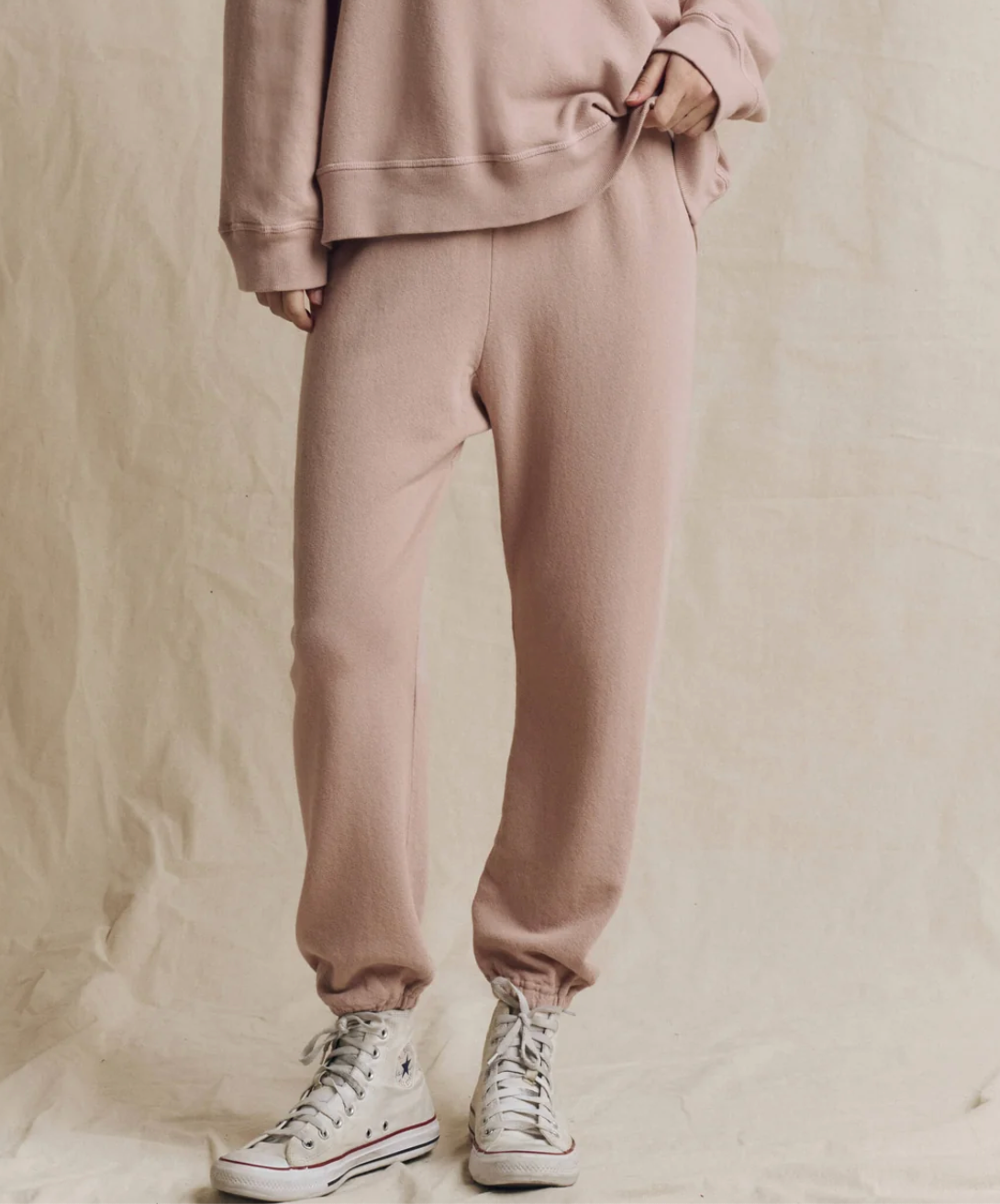 The Great. The Stadium Sweatpant in Ballet Pink, front view