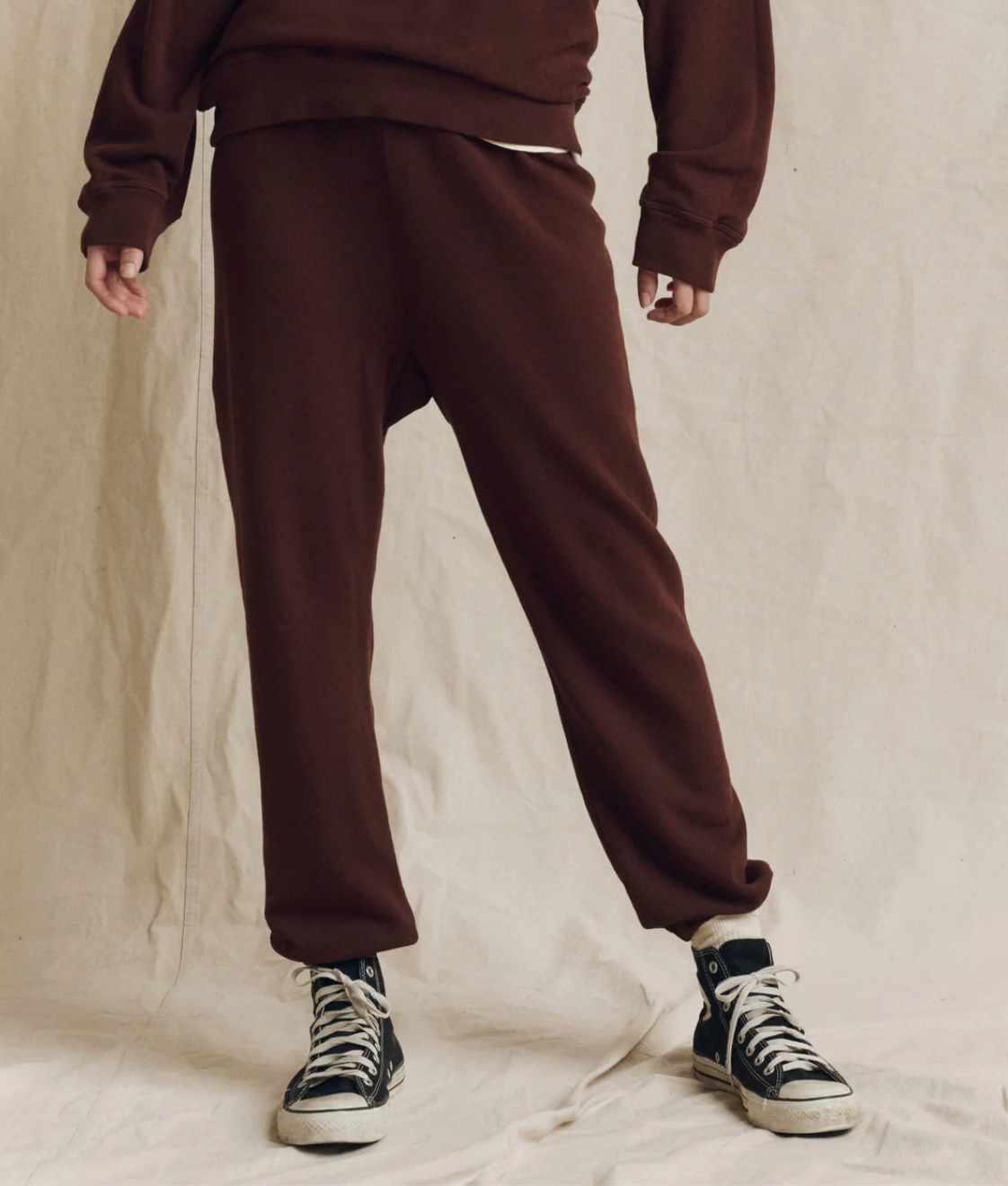 The Great. The Stadium Sweatpant in Driftwood, front view