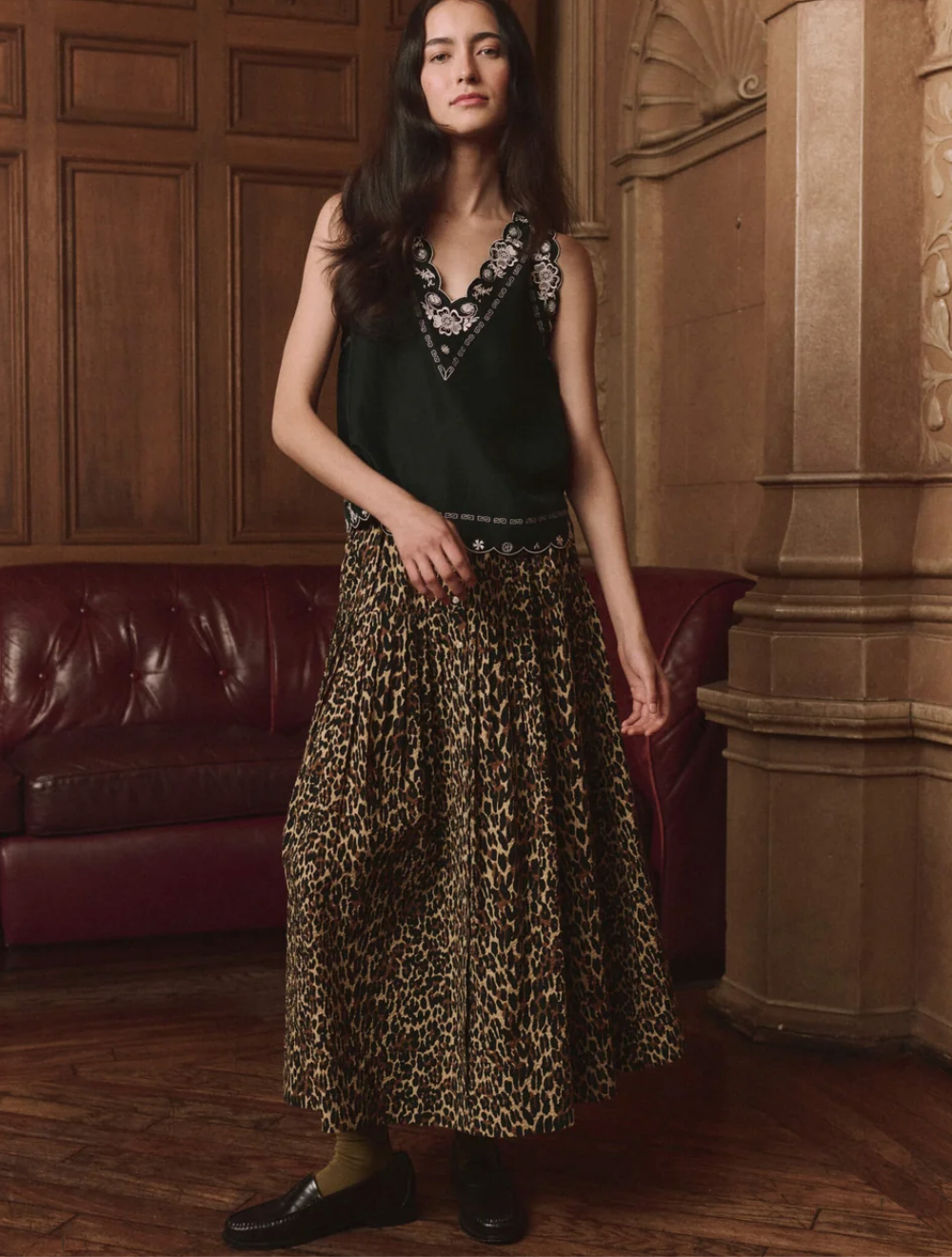 The Great. The Highland Skirt in Tan Leopard, front view