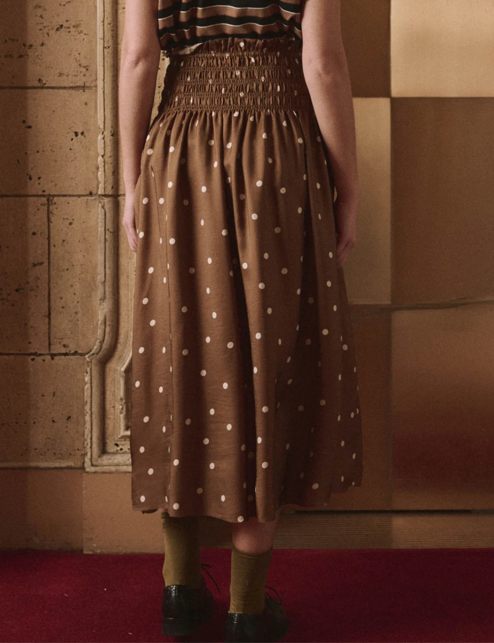 The Great. The Canary Skirt in Copper Bubble Dot, back view