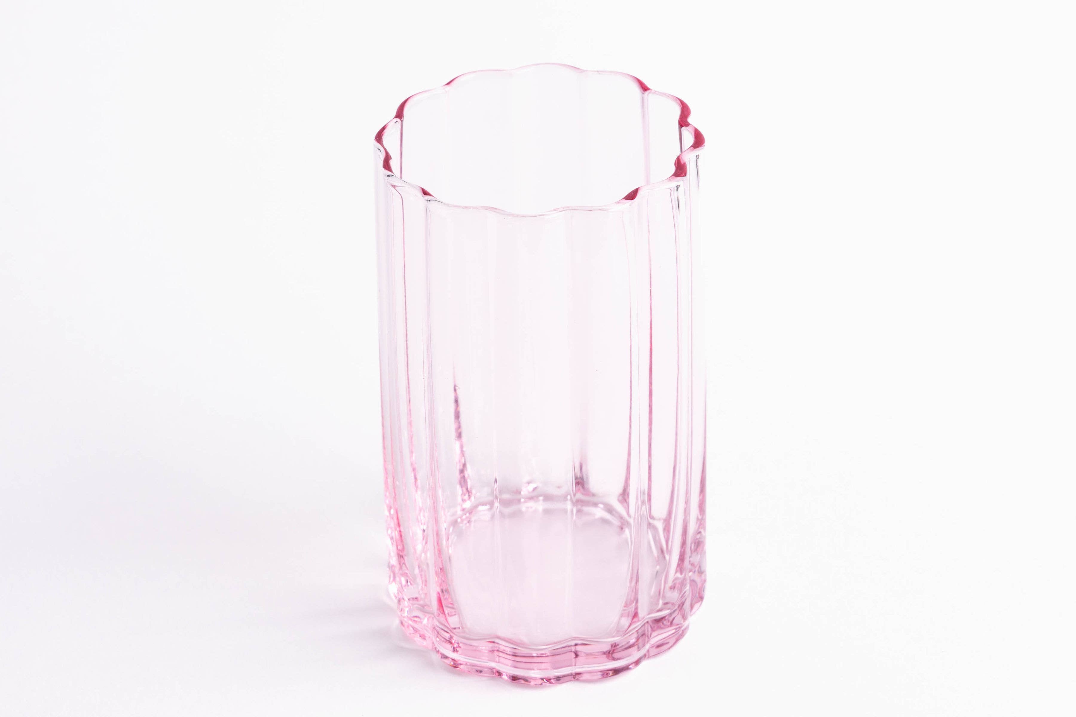 Scalloped Rim Fluted Tall Tumbler Glass, Set of 4, Pink