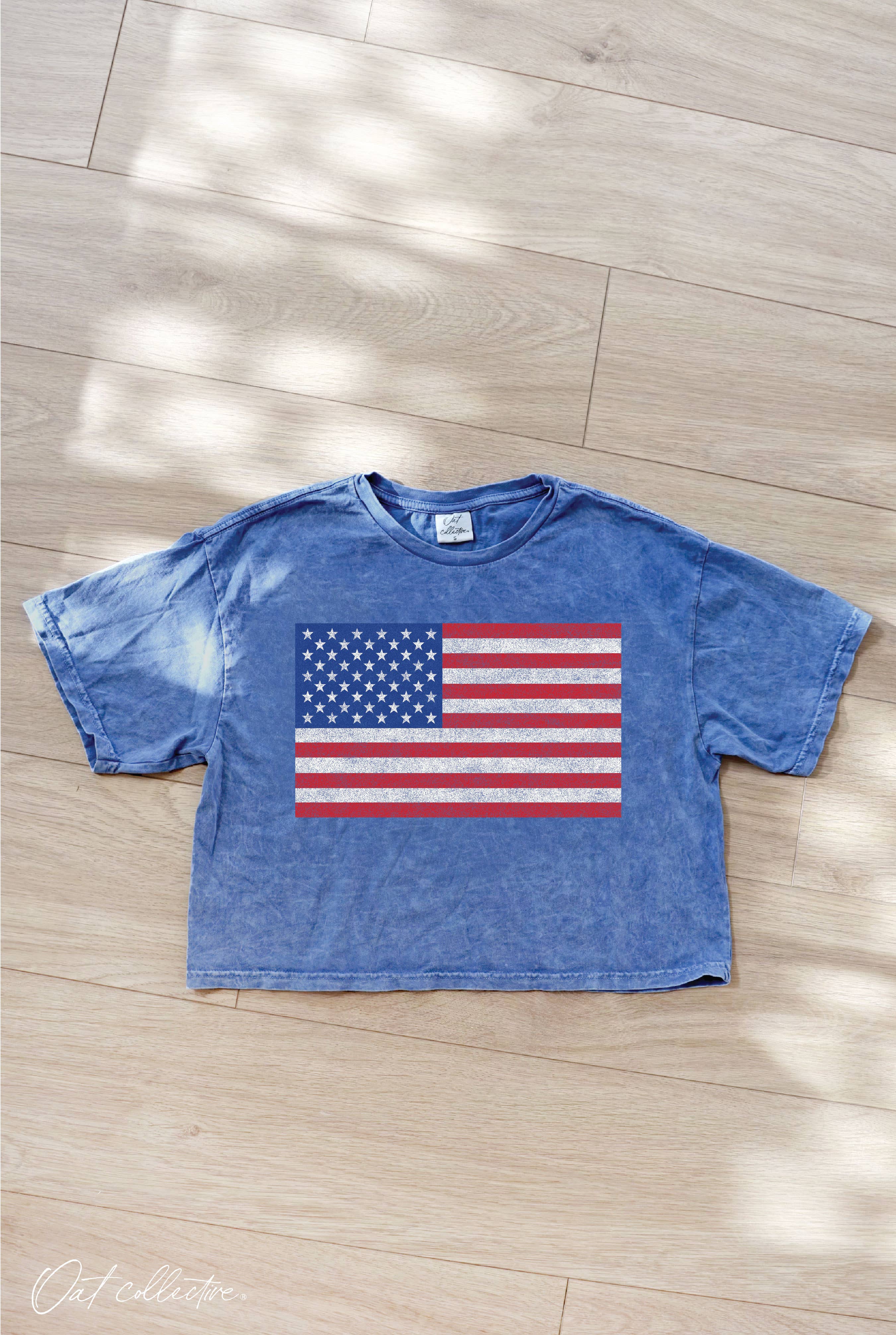 USA FLAG Cropped Mineral Graphic Top: SOFT PINK / M