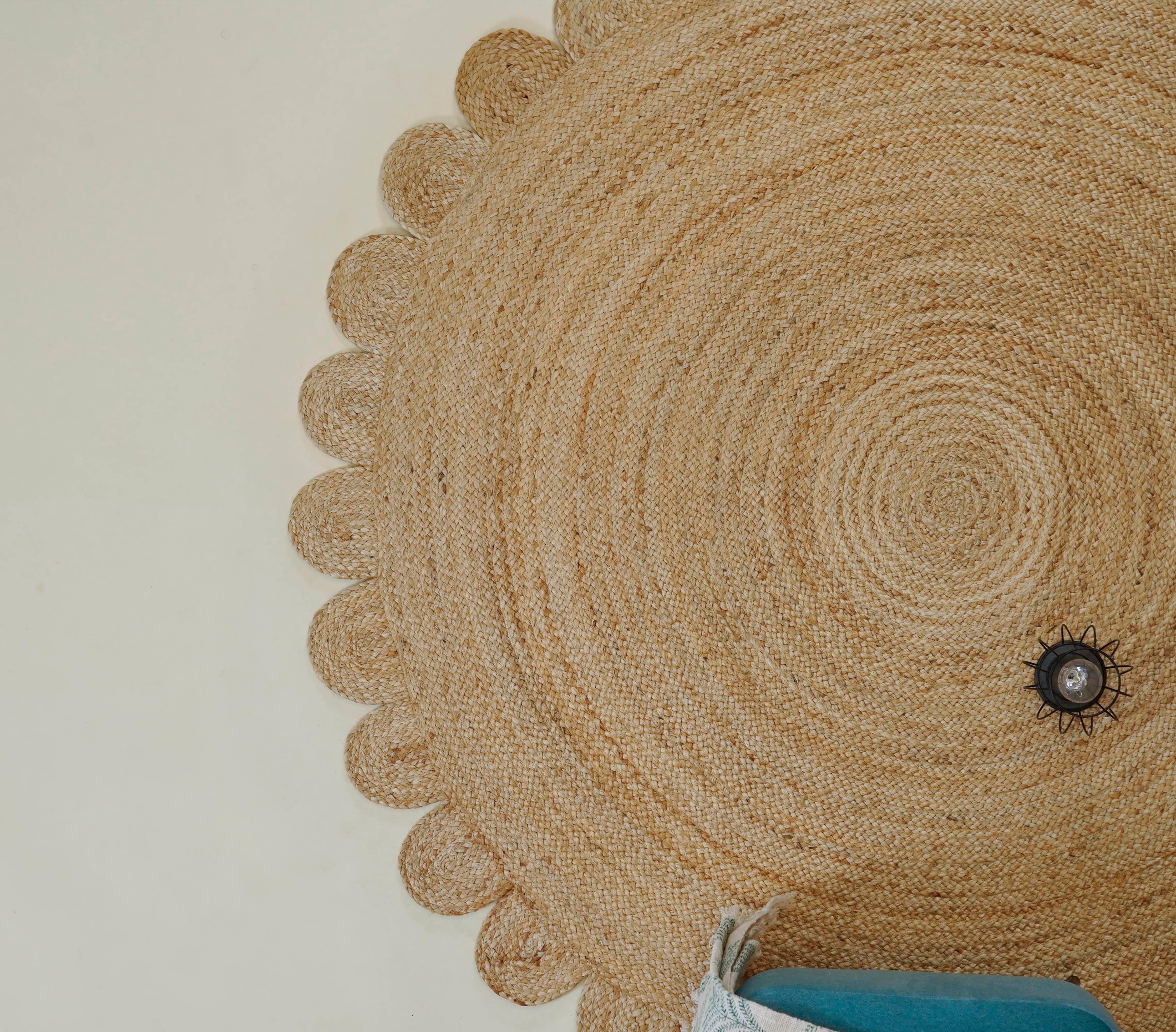 Natural Round Scalloped Jute Rug Circular Area Jute Rug: 4x4 Feet