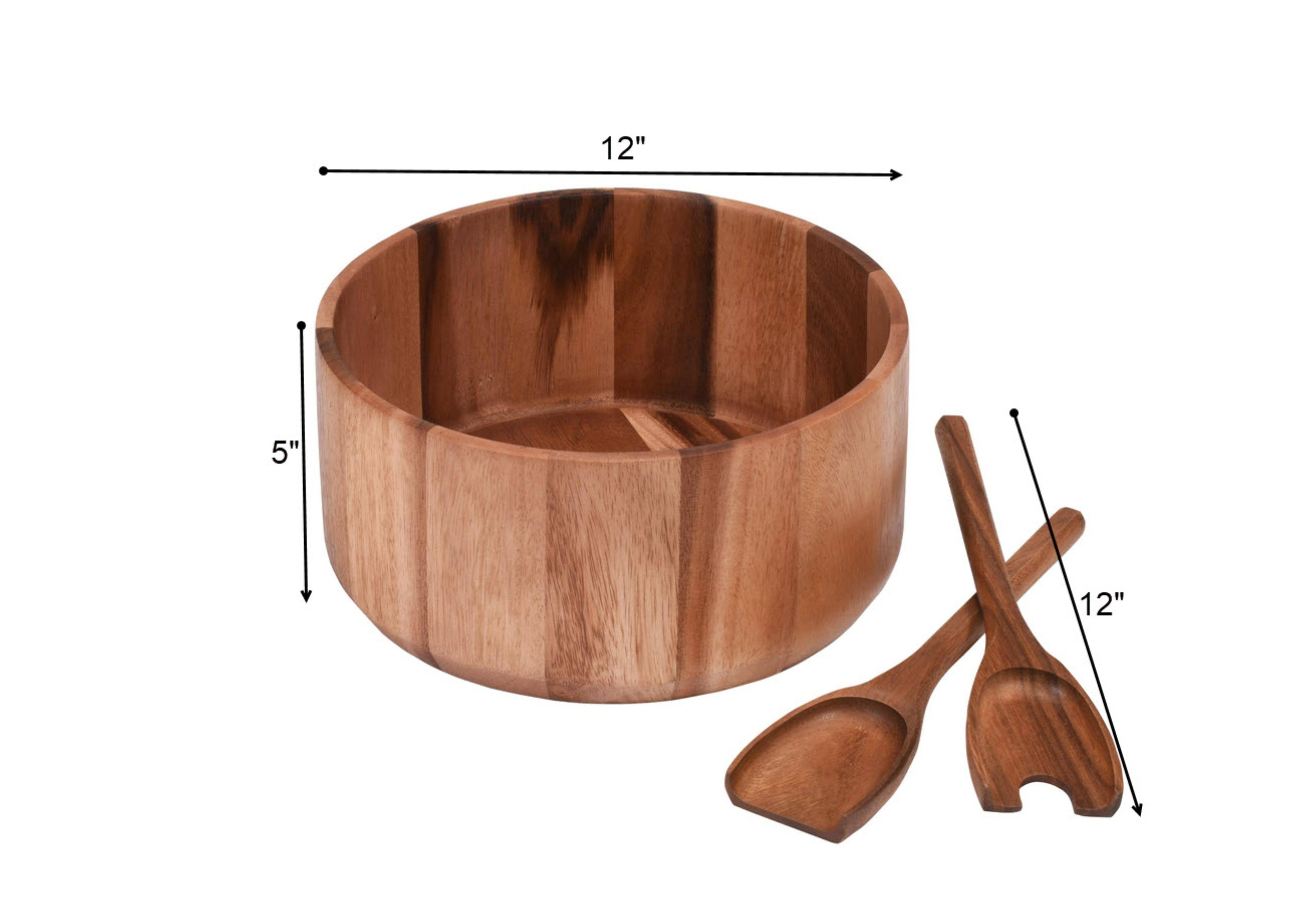 Extra Large Acacia Wood Salad Bowl with Utensils – 12" x 5"