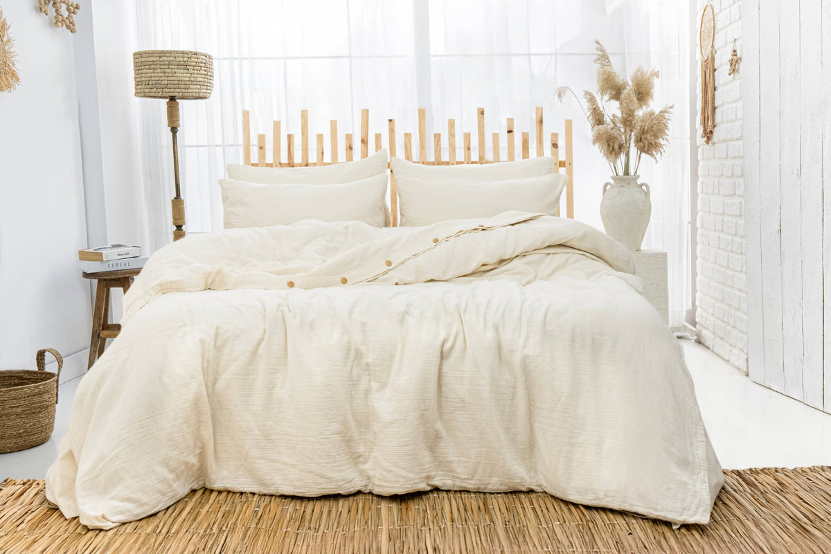 Organic Muslin Duvet Cover Set with Fitted Sheet and Pillowcases – Hypoallergenic Cotton Bedding: Queen 90 x 90 in (230 x 230 cm) / Anthracite Grey Stripe