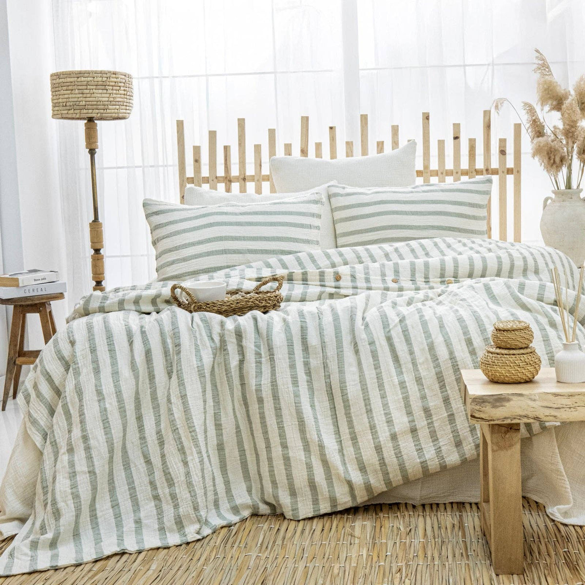 Organic Muslin Duvet Cover Set with Fitted Sheet and Pillowcases – Hypoallergenic Cotton Bedding: Queen 90 x 90 in (230 x 230 cm) / Taupe Stripe